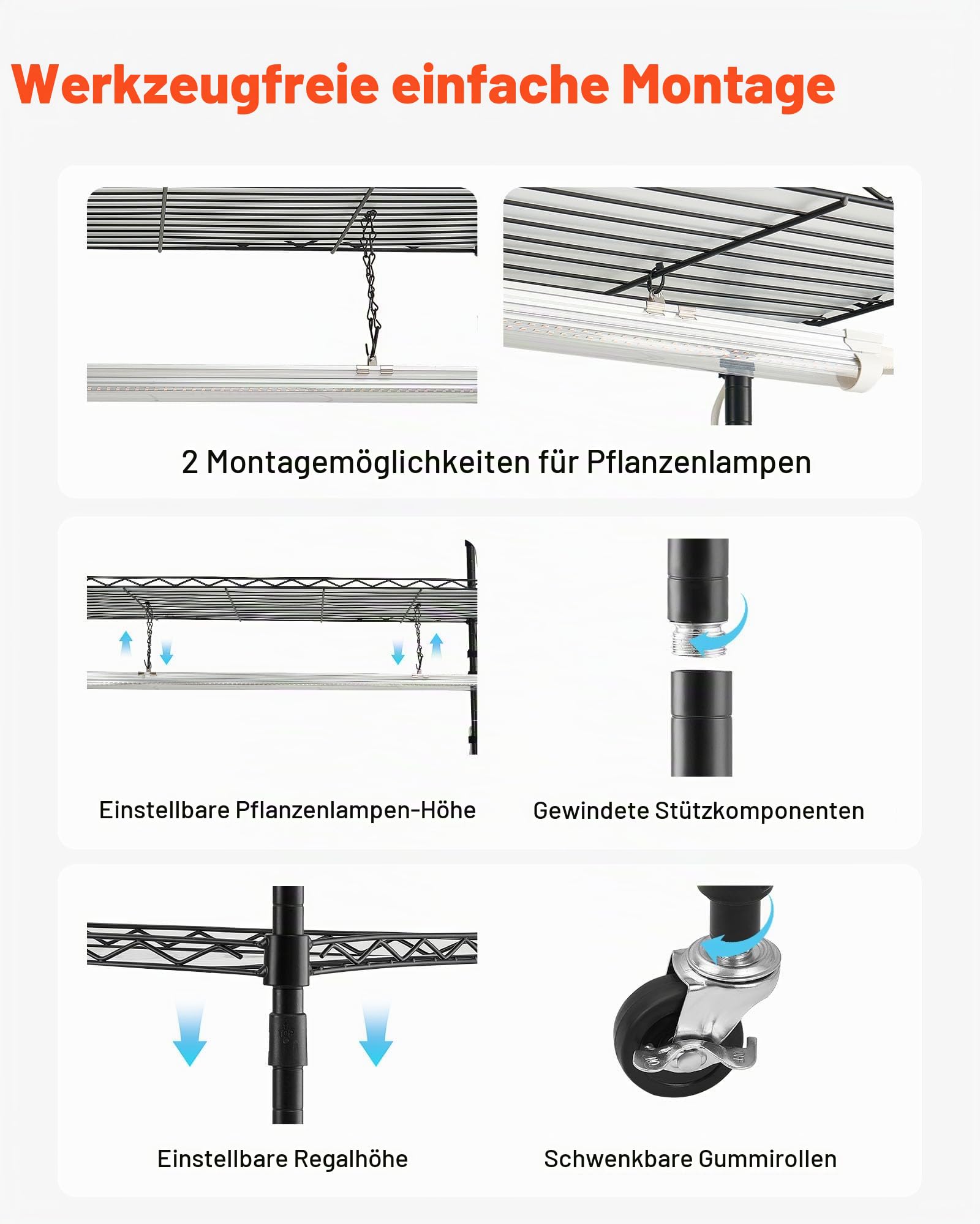 VEVOR Pflanzenregal mit Wachstumslichtern, 6-stufiger Pflanzenständer für Zimmerpflanzen mit Rädern & Timer, 150W 3800K Vollspektrum Licht, Metall-Blumenregal für die Samenanzucht, 90x35x180cm