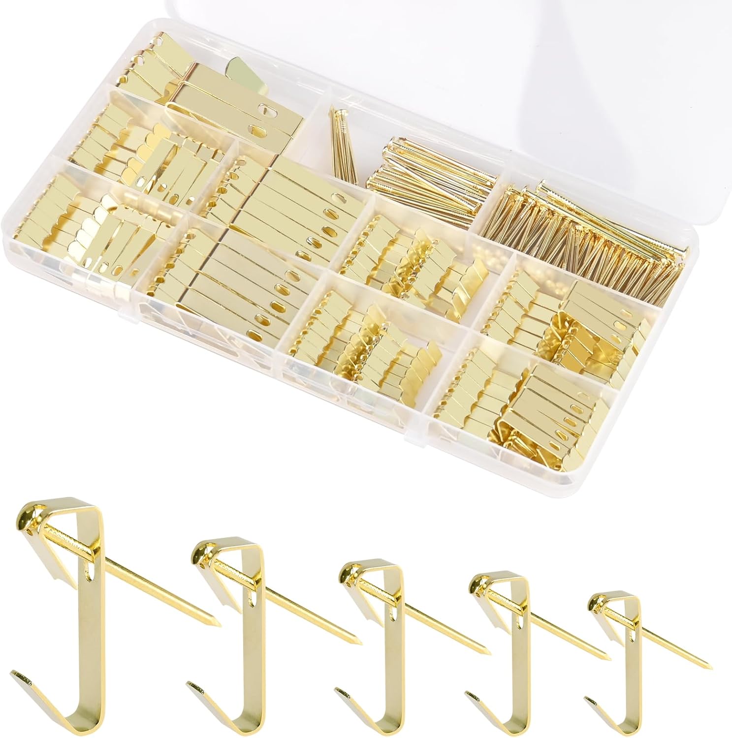 Picture Hanging Kit 237 Pieces, Picture Hangers Holds 10LB 20LB 30LB 50LB 100LB, Heavy Duty Picture Hanging Hooks with Nails for Hanging Pictures on Drywall Wooden Wall, Gold