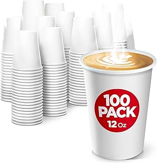Disposable White Paper Coffee Cups -12 Oz (100 Pack ) - Hot Beverage Cups for Tea, Hot Chocolate, Water for Hot and Cold D...