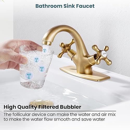 Miniatura 7 de gotonovo Grifo de lavabo de baño de un solo agujero, doble mango cruzado, pomos mezcladores de lavabo con drenaje desplegable y placa de cubierta de