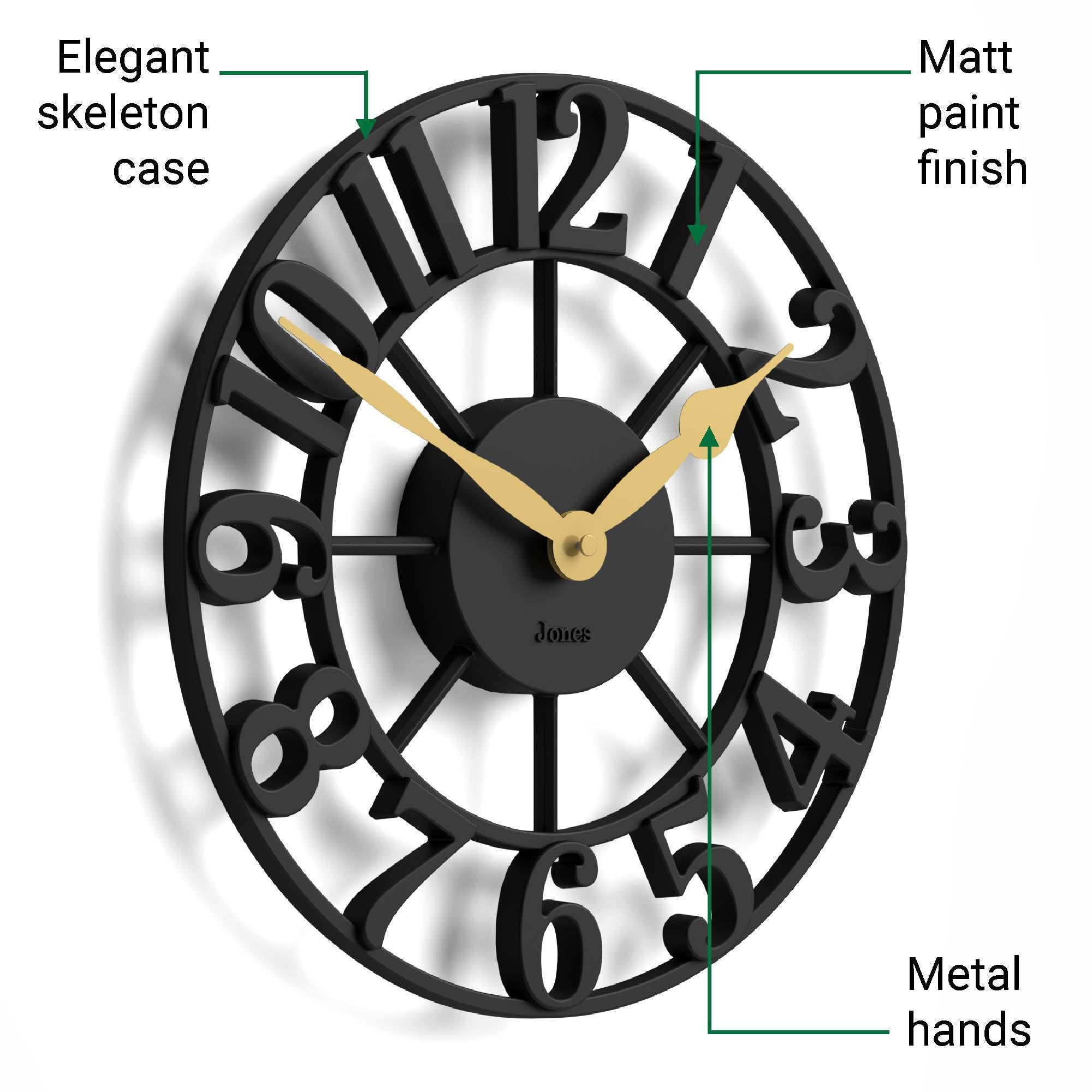 JONES CLOCKS® Lighthouse Reloj de Pared | Reloj Esqueleto escultórico | Negro | Elegantes números en Relieve Moldeados | Diseño Decorativo Ideal para Cocina, salón o Dormitorio