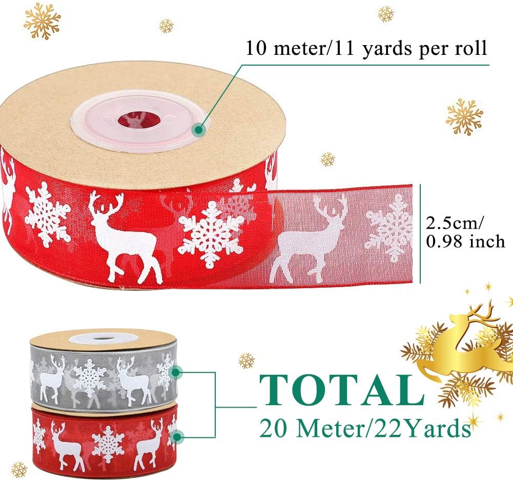 Organza Ribbon 2 Rolls, Red & Grey Christmas Ribbon 25mm with Snowflake Elk Pattern, 20M/22 Yards for Gift Wrapping Crafts - Image 3