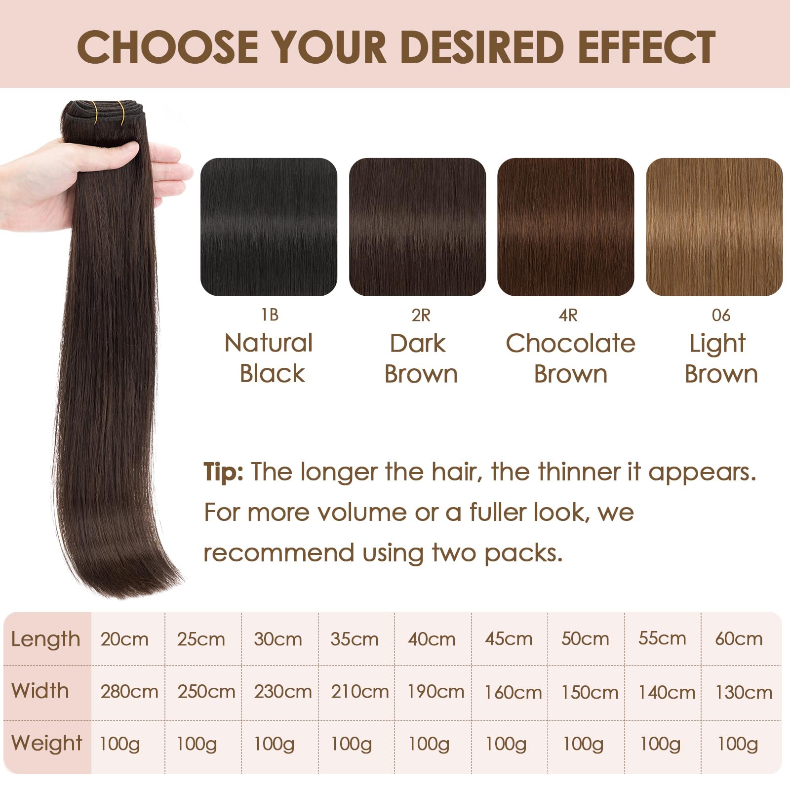 TESS Tressen Echthaar Dunkelbraun 100g, Weft Extensions Echthaar, Remy Haar zum Einnähen Sew in Hair Extensions Haarverlängerung 70cm