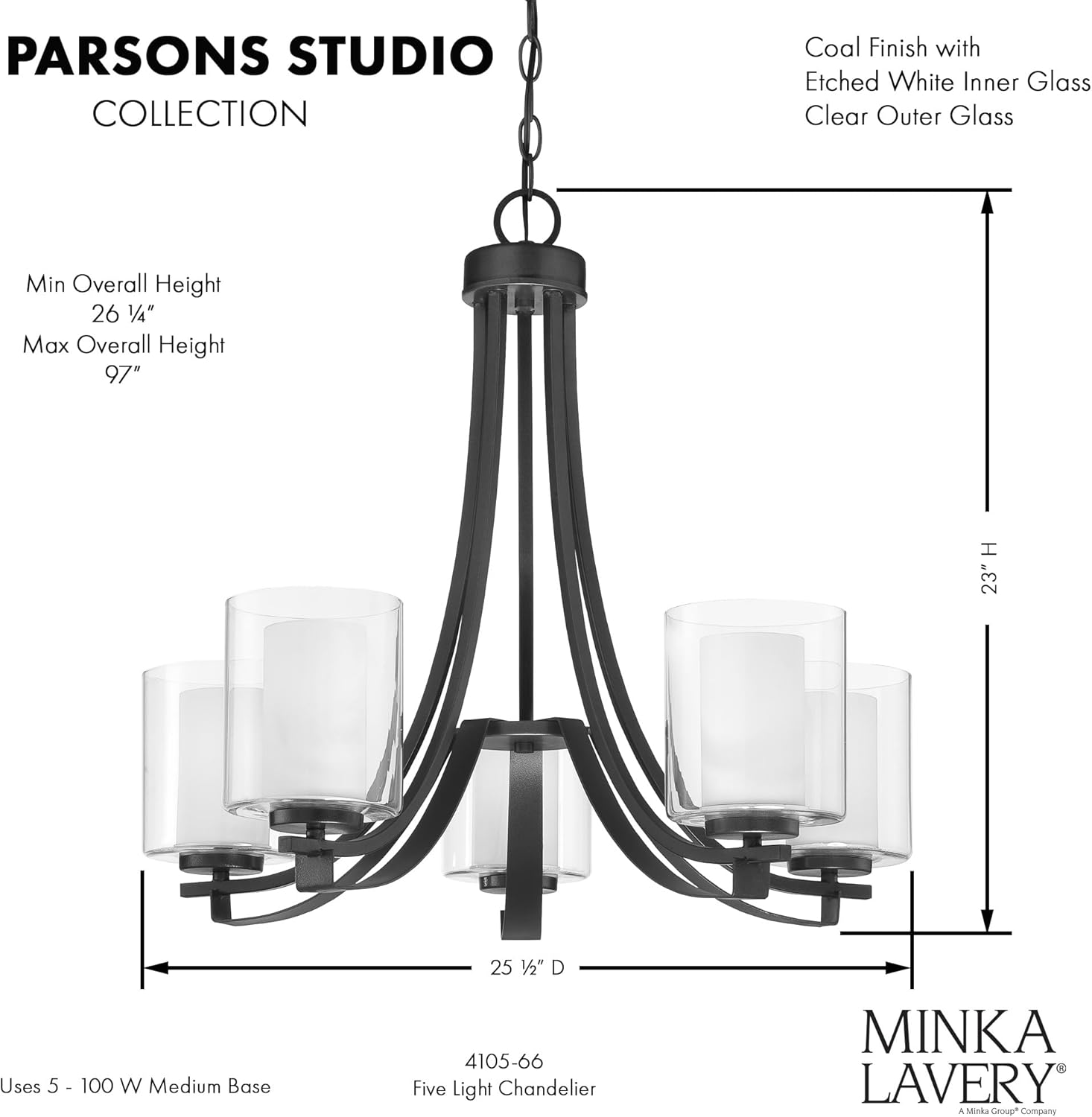 Minka Lavery 4105-66 Parsons Studio Chandelier, 5-Light, 500 Total Watts, 25.5-in H x 23-in W, Sand Coal Black