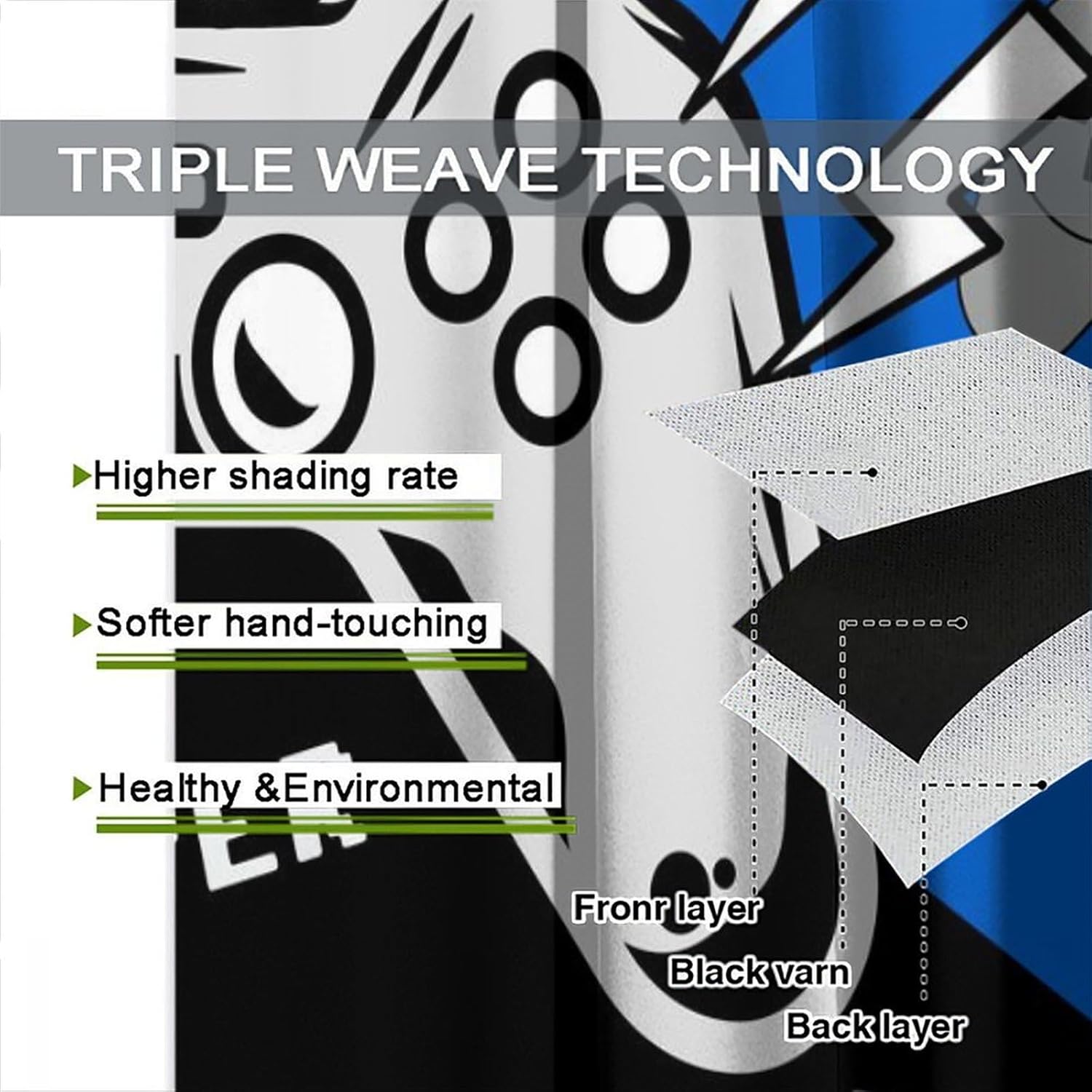 Gaming Curtains for Boys Bedroom Kids Gamer Room Decor Curtain Teens Black and Red Video Game Controller Window Treatments Drapes,Blue 42x54 Inch