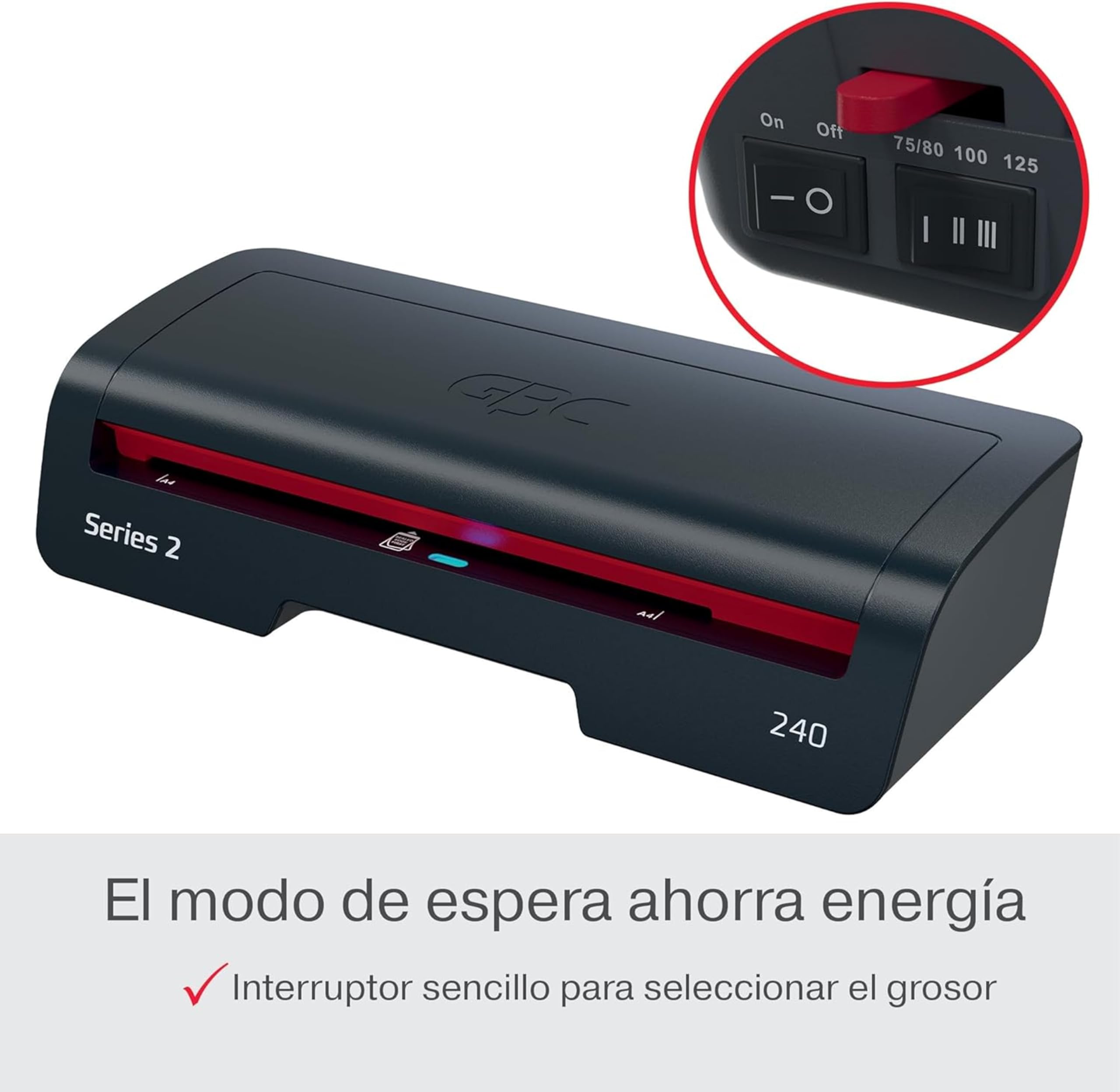 GBC 4410068EU - Plastificadora 240 Home Office A4, Calentamiento Rápido en 2 Minutos, 75-125 Micras, Antiatascos, Apagado Automático, Incluye 5 Fundas de Plastificación A4, Negro/Rojo