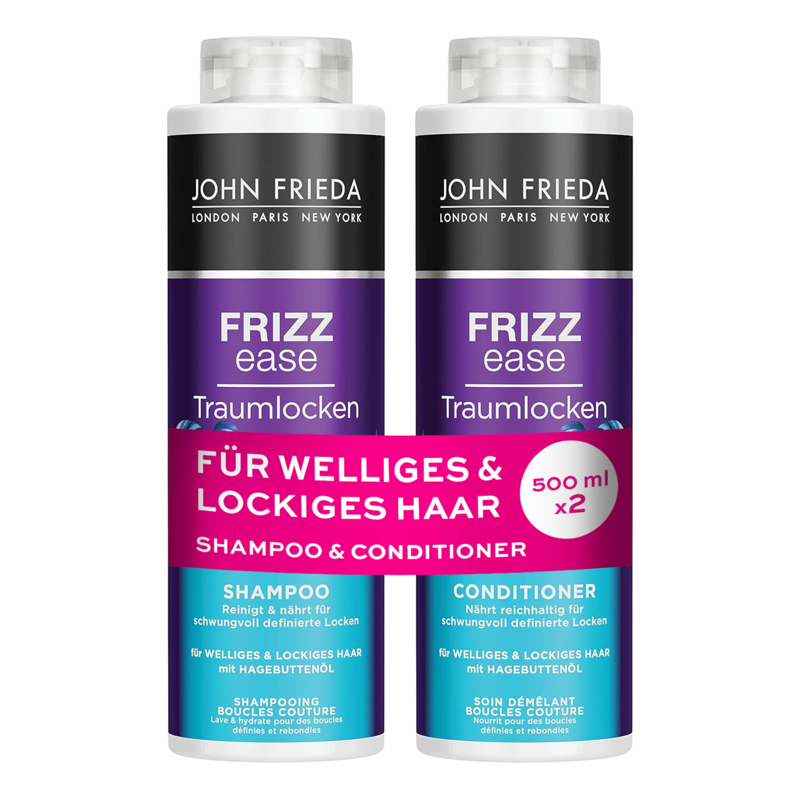 John Frieda Traumlocken szampon/odżywka zestaw korzystny – zawartość: 1 x szampon 500 ml i 1 x odżywka 500 ml – do ponownego napełniania – seria Frizz Ease – do włosów kręconych i falistych