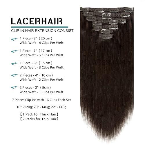 Vista 88 de Lacer Extensiones de cabello humano con clip, de doble trama, cabello brasileño de cabeza completa, color negro azabache, extensiones de cabello