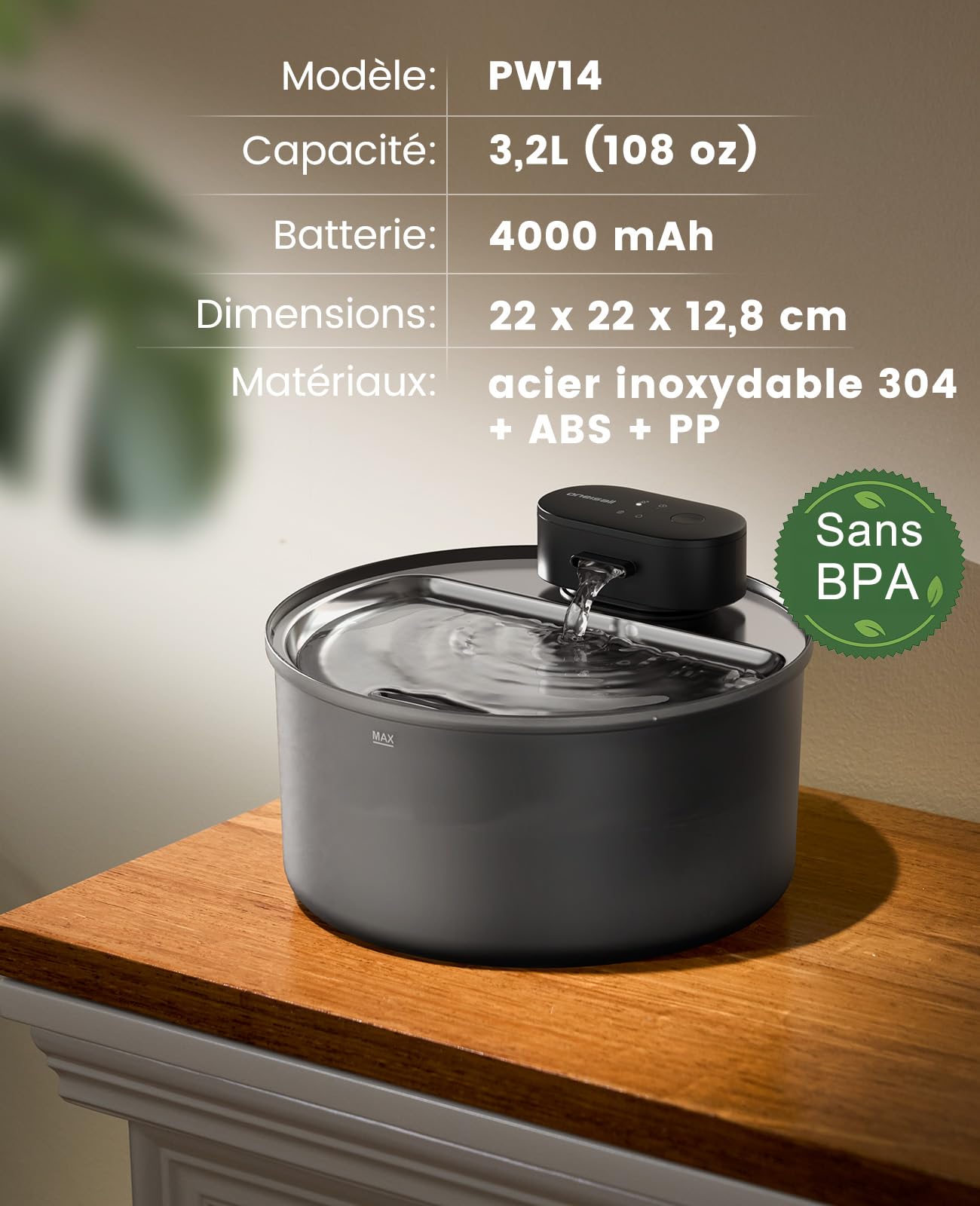 oneisall Fontaine à Eau sans Fil pour Chat 3,2 L, Bac en Acier Inoxydable | Pompe Intégrée SilentFlow™ 20 dB, Batterie 4000 mAh, autonomie 45j, recharge USB-C, 3 Modes d'Eau, ABS/PP certifié ISCC