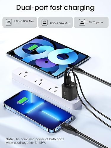 Miniatura 3 de PDMAX iPad Charger Fast Charging, USB C Charger Block 33W GaN, Dual Port Type C & A Wall Charger for iPhone 1515 Pro15 Pro Max iPad ProAirMini