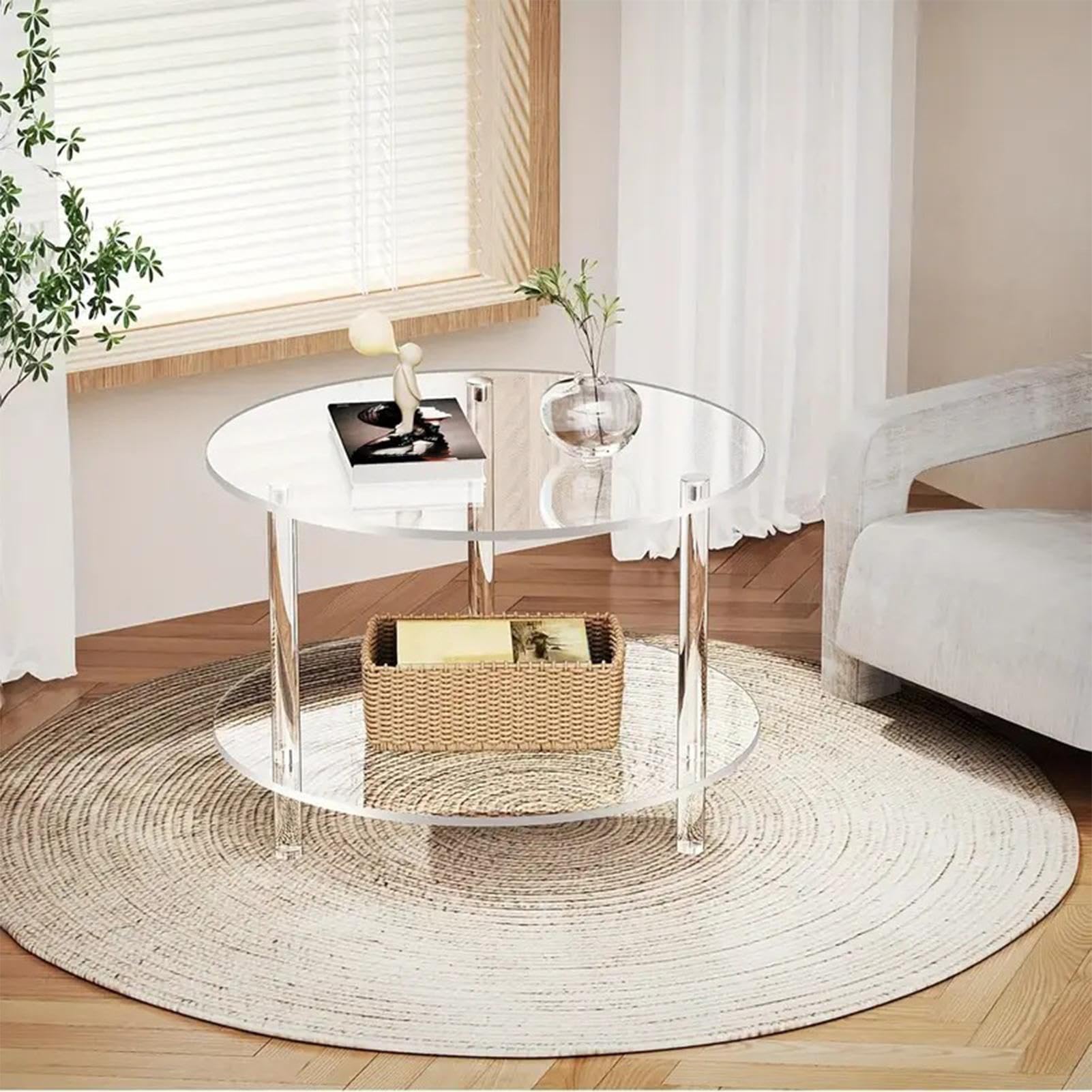 Générique Table D'appoint Ronde Transparente en Acrylique, Petite Table Basse Ronde Moderne, Tabl-e Centrale Double Couche, pour Étroits, Salons Et Chambres, 40 X 40 X 42 Cm