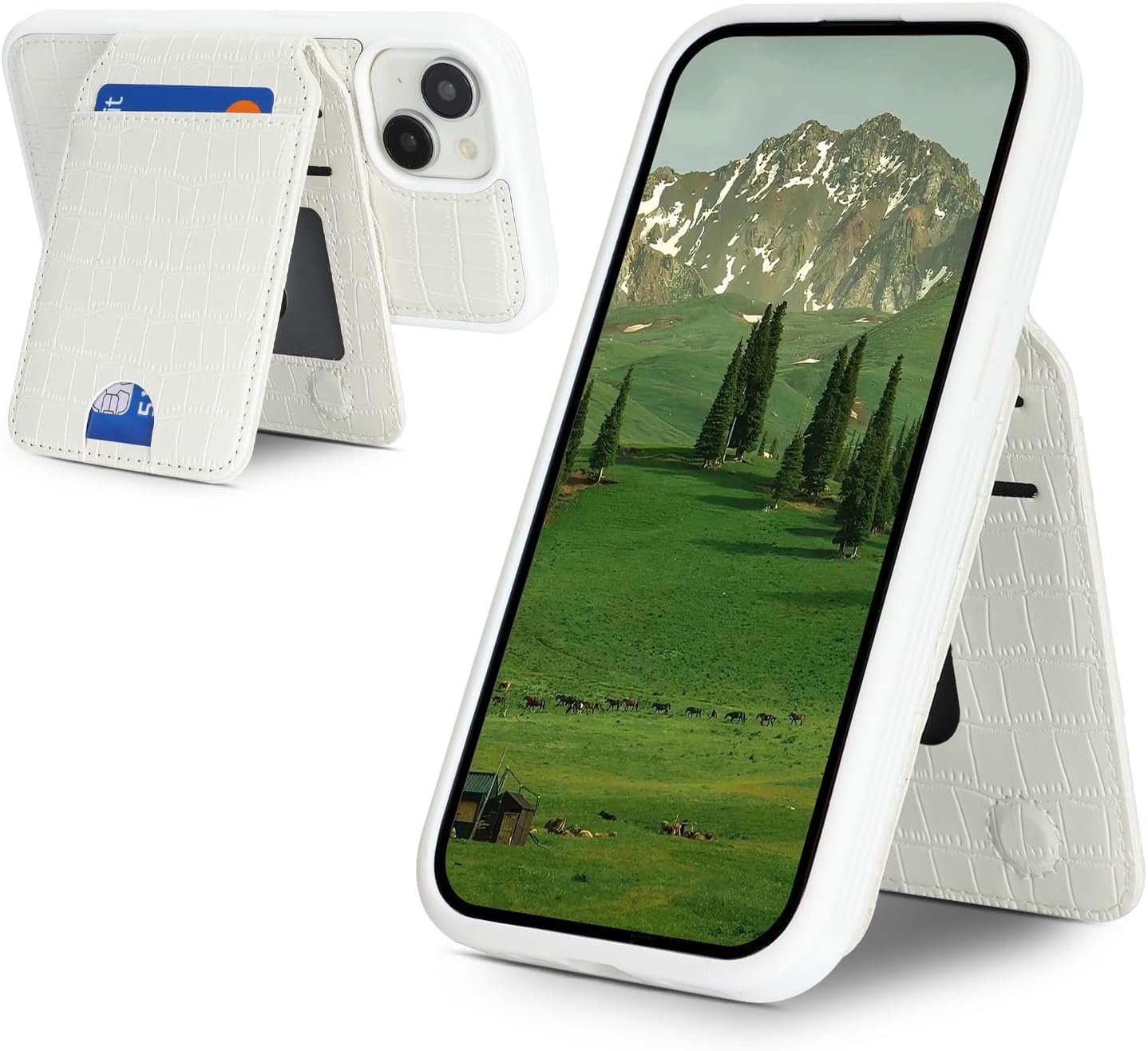 Ｈａｖａｙａ Compatible MagSafe Wallet Case for iPhone 14 & 13 (6.1) - Detachable 2-in-1 Magnetic Cover with Card Holder, Adjustable Kickstand & Wireless Charging - Faux Alligator Leather - White