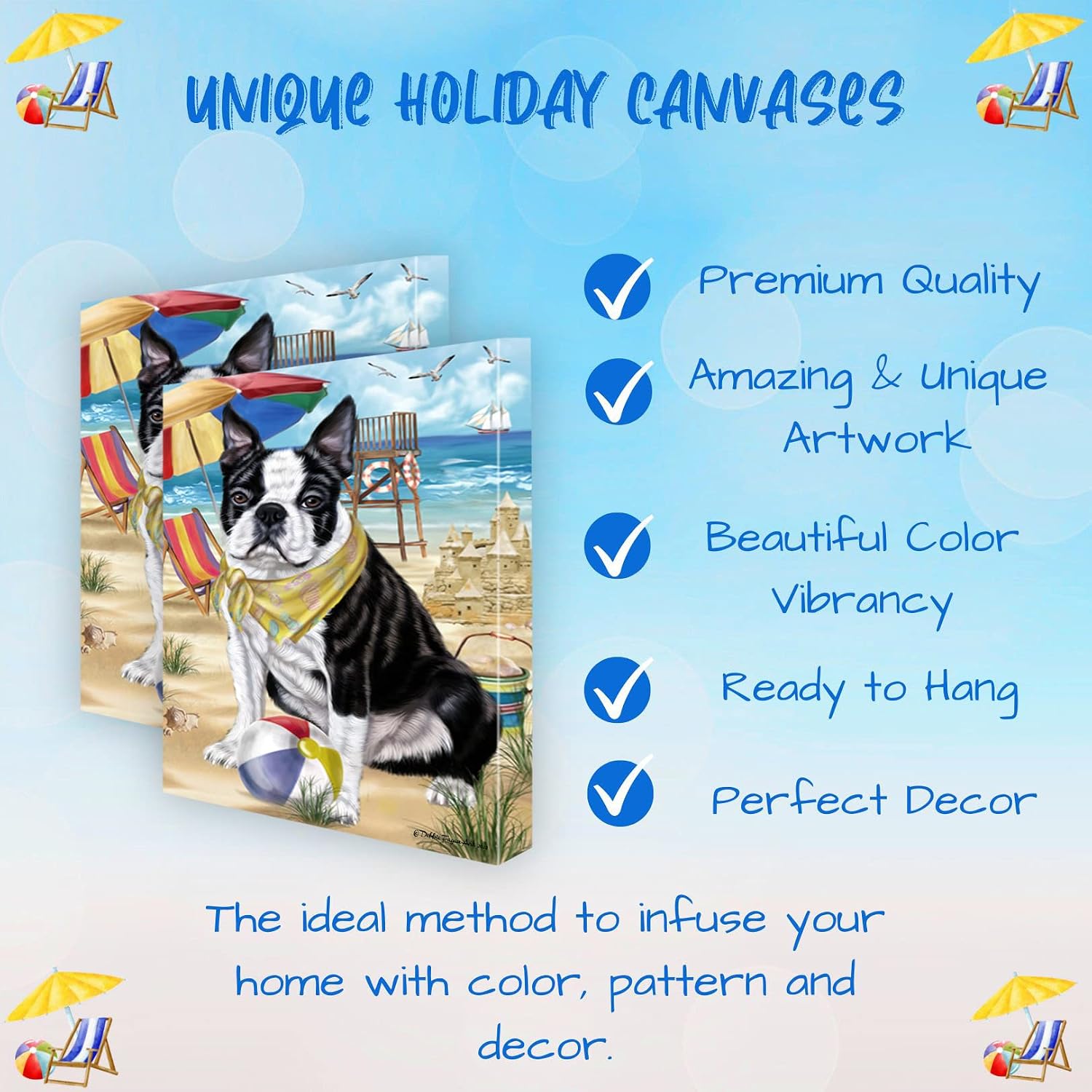 Doggie of the Day Pet Beach with Boston Terrier Dogs Canvas Wall Art - Premium Quality Ready to Hang Room Decor - 1.5" Thick Canvas Wrap 16" x 24"