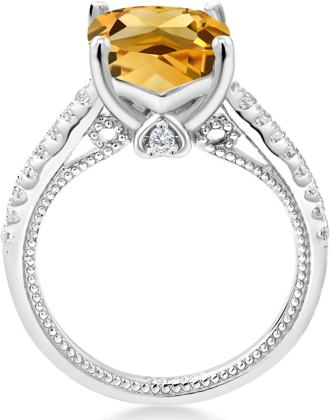 Gem Stone King 3.87 Cttw Yellow Citrine and White Created Sapphire Ring For Women | 925 Sterling Silver | Cushion 10MM | Gemstone Birthstone | Wedding Engagement Anniversary Promise Ring