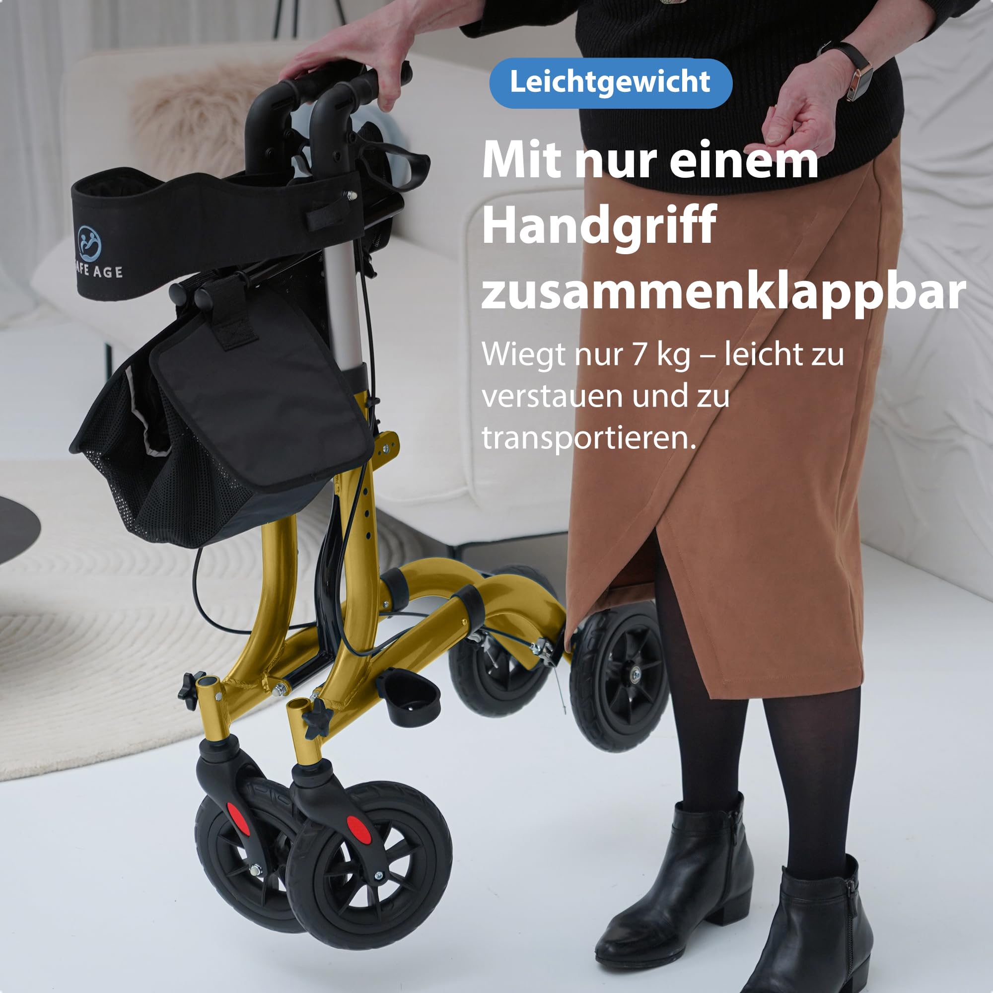 Safe Age Rollator faltbar und leicht mit Sitz - Gehhilfe für Senioren, Rollator für die Wohnung Indoor & Outdoor - mit Rückenlehne und Gehstockhalter