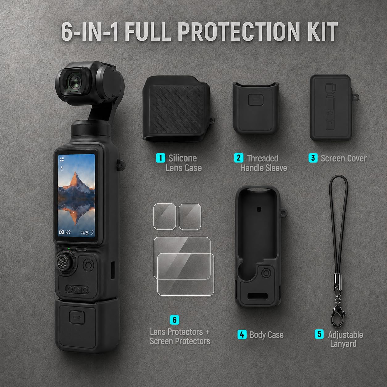 Silicone Coque pour DJI Osmo Pocket 4 avec 2 Protections D'Écran et D'Objectif, Housse en Silicone Souple, Antichoc Antidérapante et Anti-Rayures, Kit de Protection Complet Accessoire– Noir