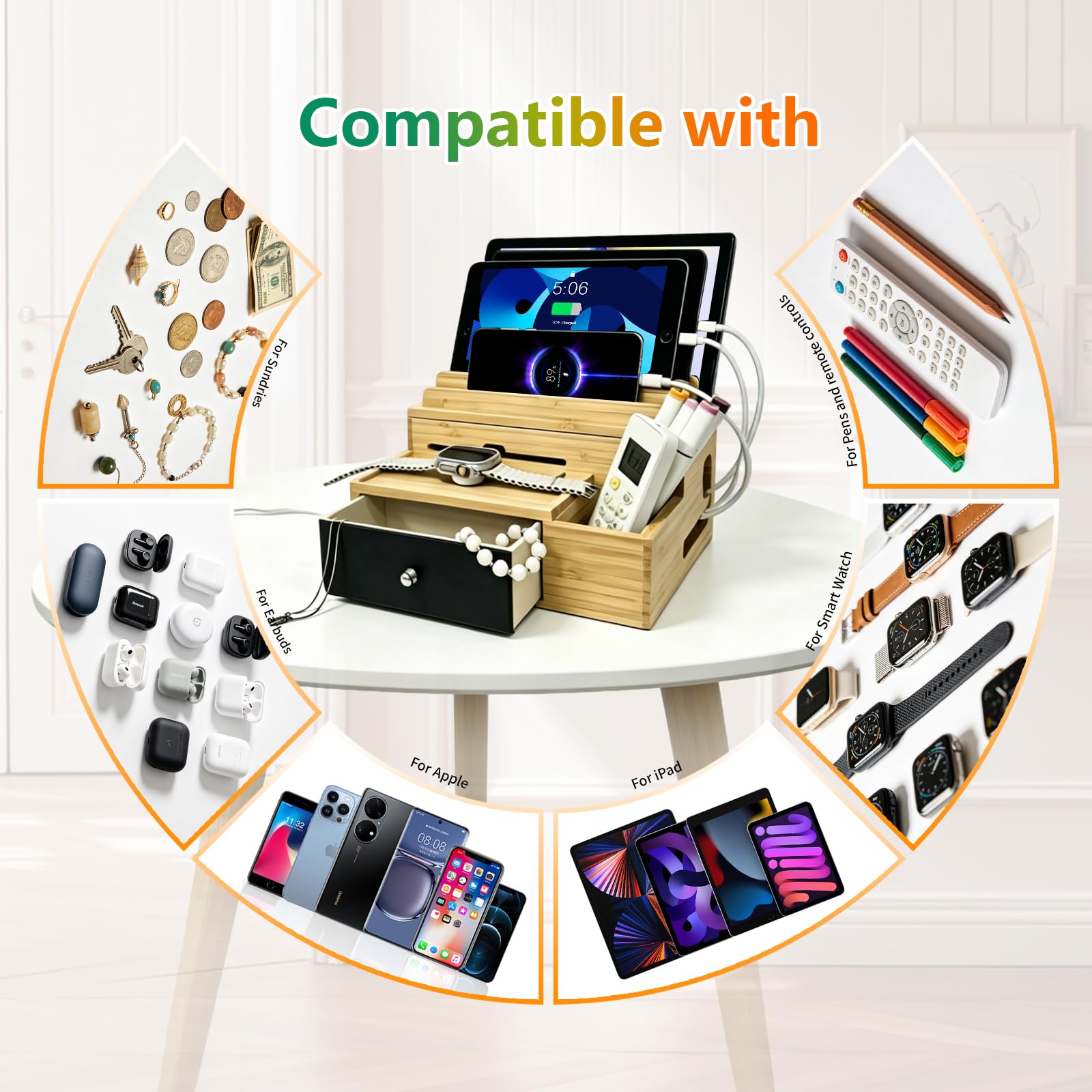 Bambus Ladestation Organizer mit USB-Ladegerät und 5 Kabel | Für mehrere Geräte, mit Schublade und Stifthalter, Nachttisch-Ladestationen, Organizer für Handy, Tablet usw