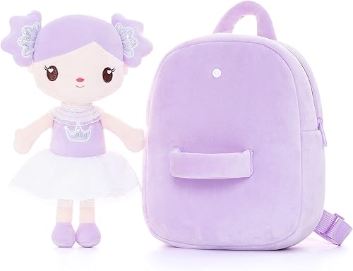 Miniatura 6 de Gloveleya Mochila para niños pequeños con muñeca púrpura caramelo de 9 pulgadas