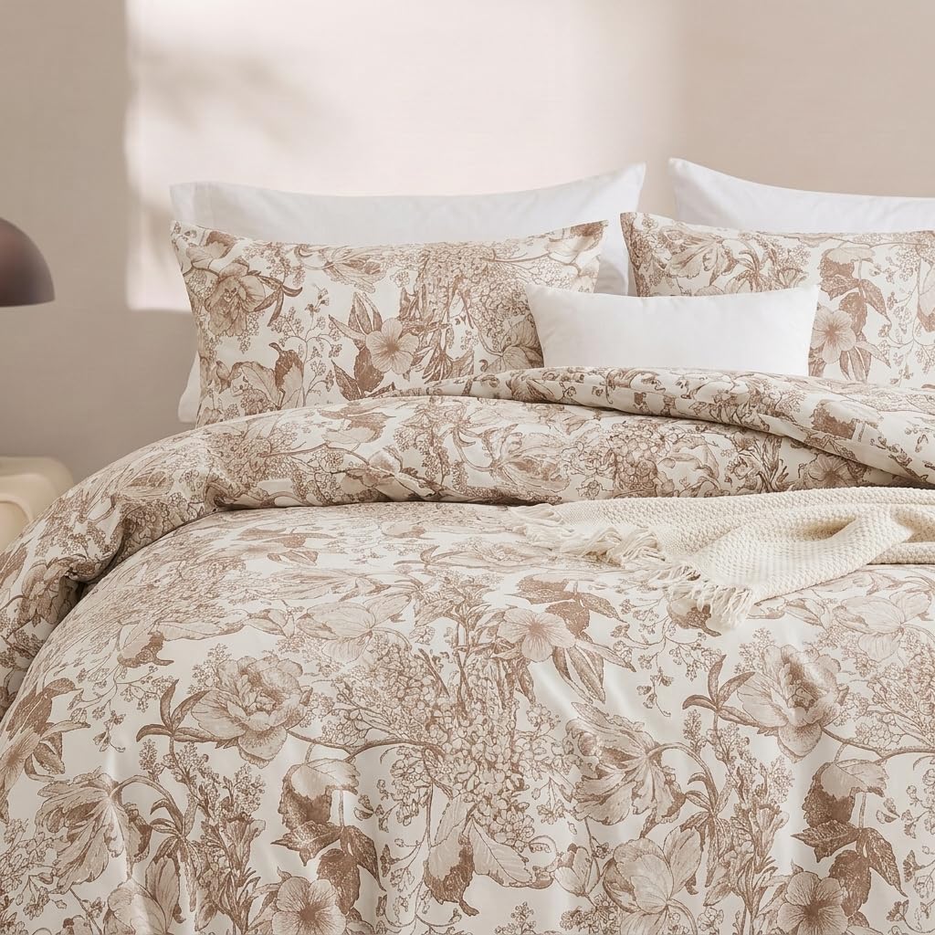 Housse de couette lit simple 100% coton motif floral kaki Herside 2 pcs