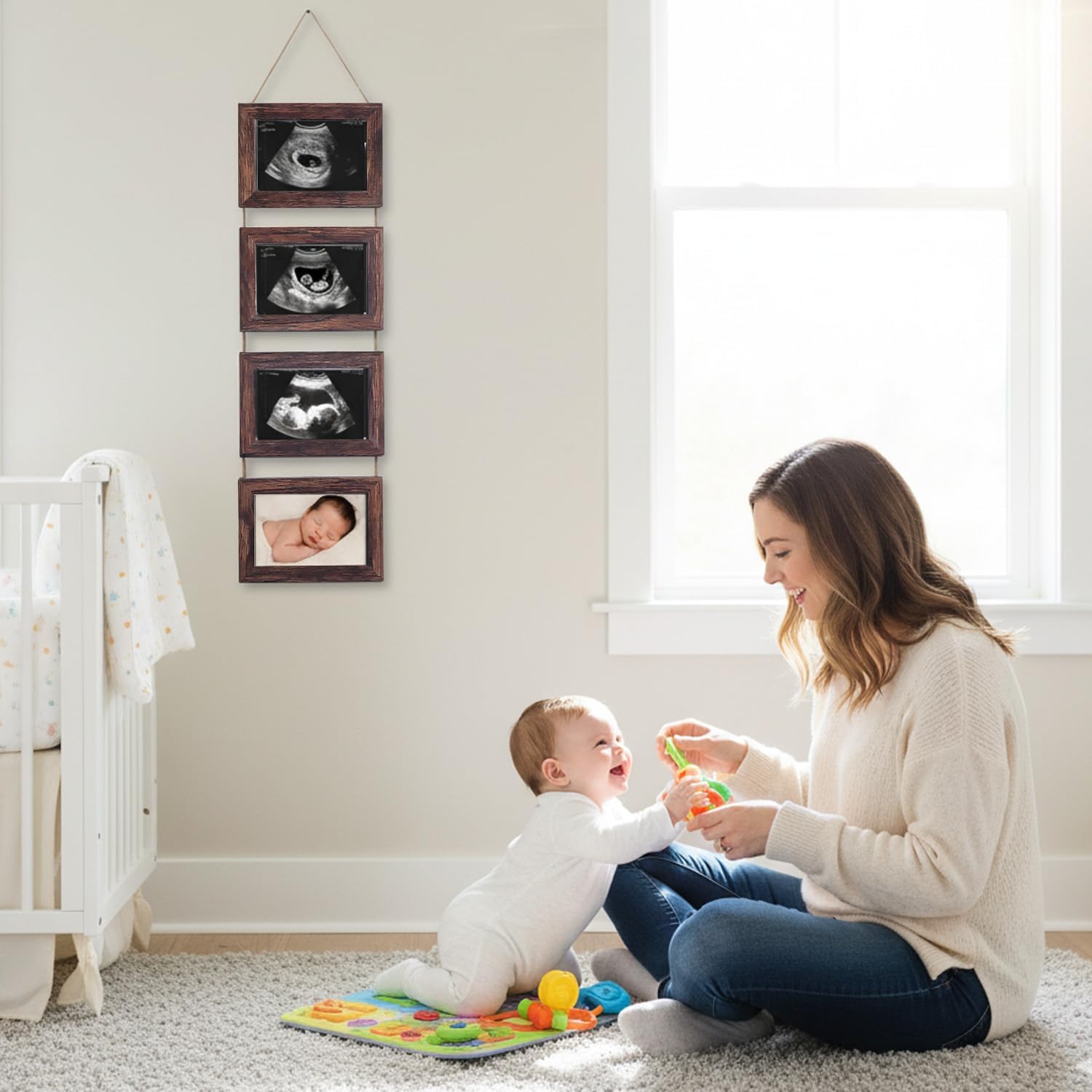 4-in-1 Sonogram Picture Frame, Display Pregnancy Keepsake Album for Pregnancy Announcements, Gender Reveal and Newborn Photos, Perfect Nursery Decor, First Time Mom Gifts, Brown - Image 2