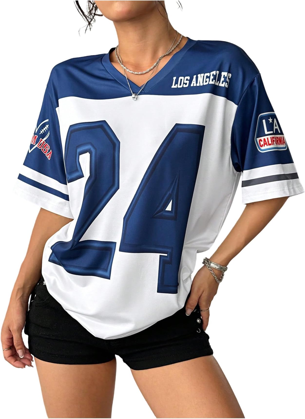 Floerns Women's Camo Print Team Sports T Shirts V Neck Basketball Jersey Tee Shirts