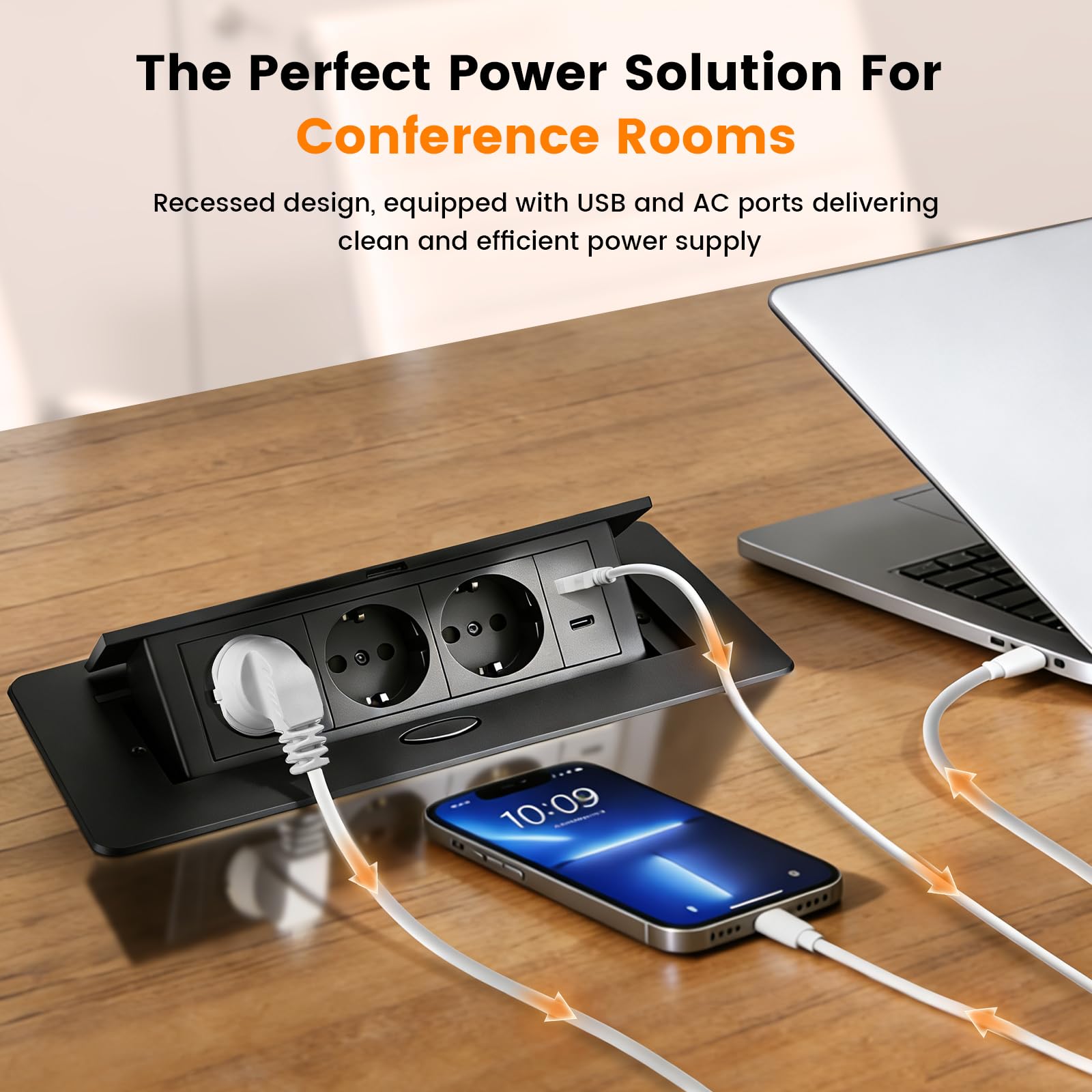 Enchufe para encimera de cocina, mesa de mesa, enchufe retráctil negro con USB, aluminio para escritorio, enchufe de mesa retráctil para sala de conferencias, hogar u oficina, cable de 1,8 m