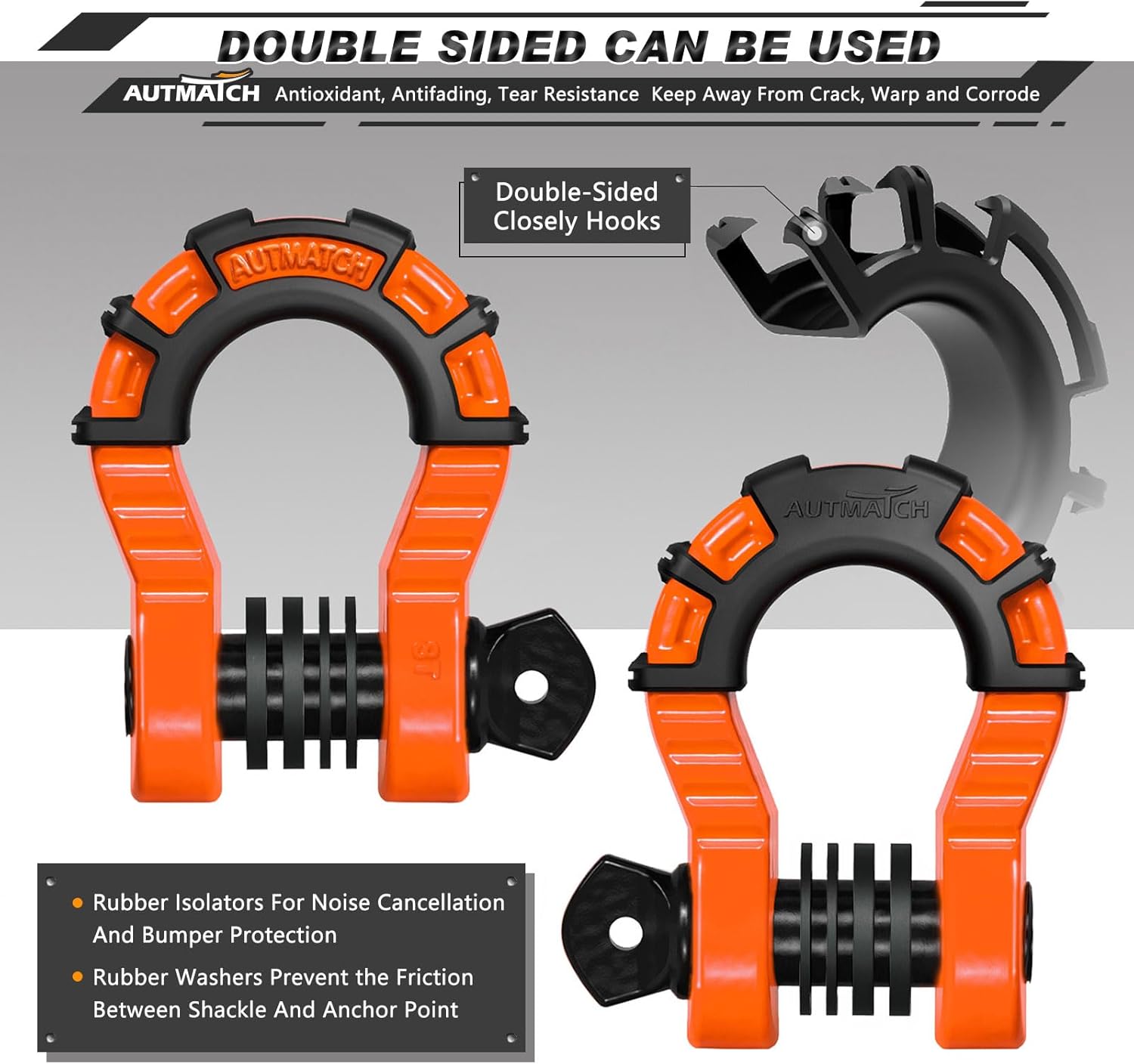 AUTMATCH D Ring Shackles 3/4" Mega Shackle (2 Pack) 68,000Ibs Break Strength - Heavy Duty Clevis Shackles with 7/8" Screw Pin and Isolator Washer for Tow Strap Winch Off Road Vehicle Recovery, Orange