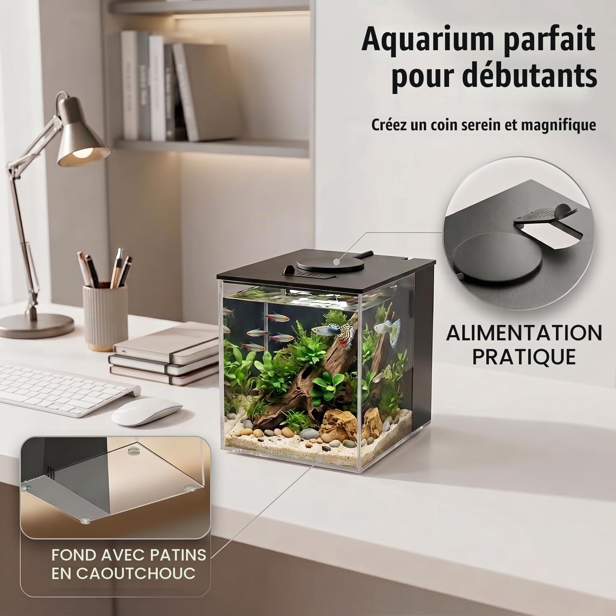 Petit Aquarium Complet 3,7L, Aquarium de Table, Aquarium Betta en Acrylique avec Pompe de Filtration et éclairage LED, pour Petits Poissons et Poissons Betta, Le Bureau et Les Cadeaux
