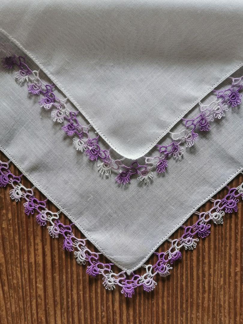 アンティーク タティングレース 菫刺繍のローンハンカチ ラベンダー