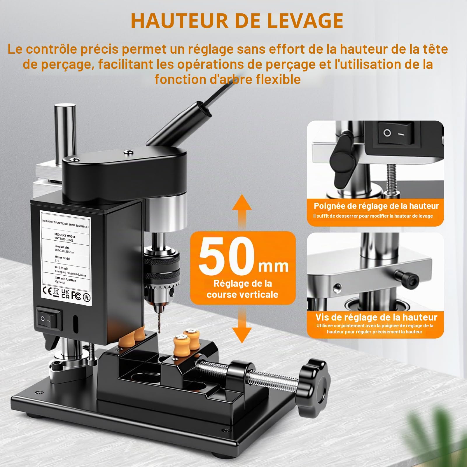 Mini Perceuse à Colonne d'établi, 200W 7 Vitesses Mini perceuse d'établi Perceuse Electrique Multifonction Réglage Hauteur 50mm Kit Table De Perceuse Forage De Banc
