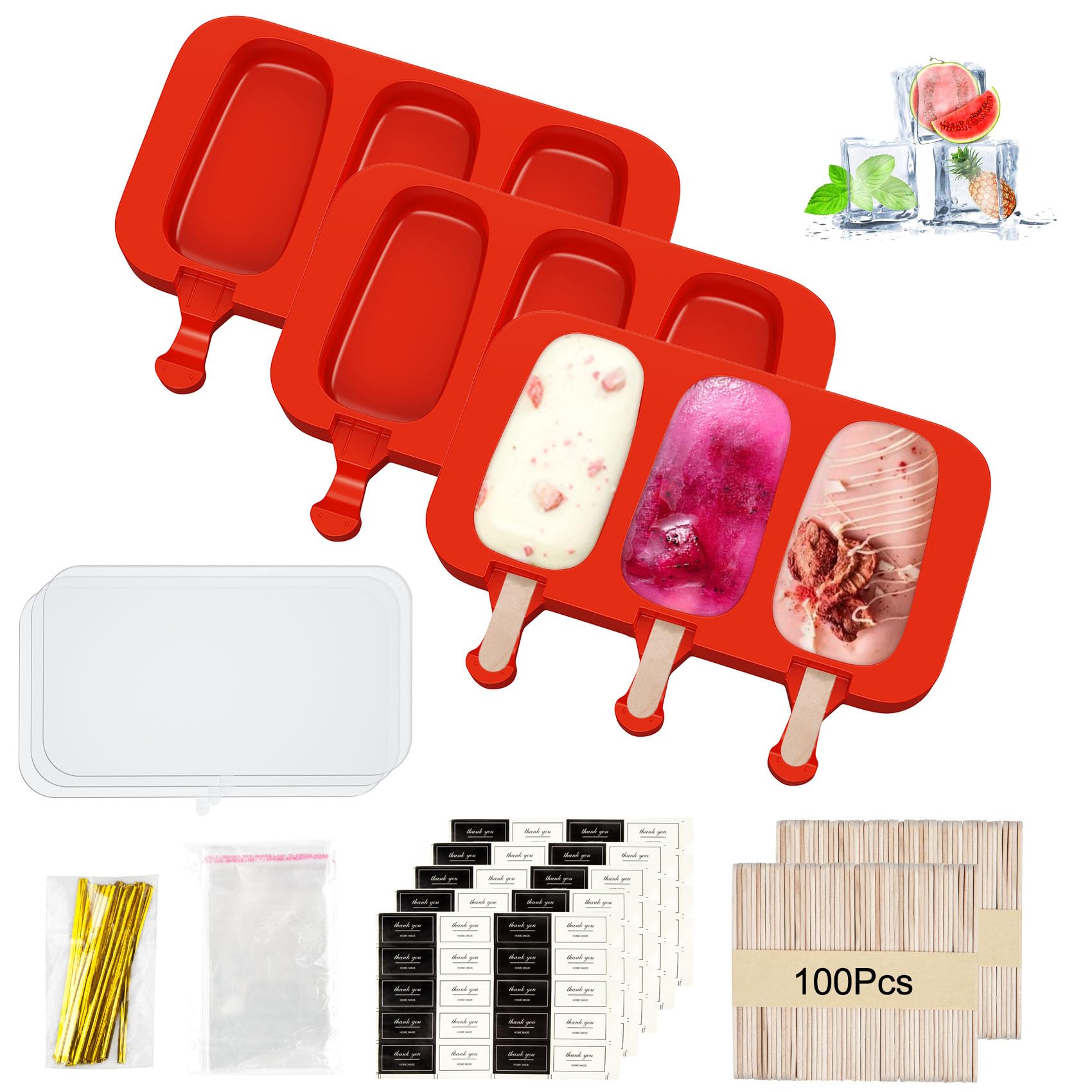 3 Stampi Per Gelato In Silicone - Kit Completo Con Bastoncini, Sacchetti E Etichette