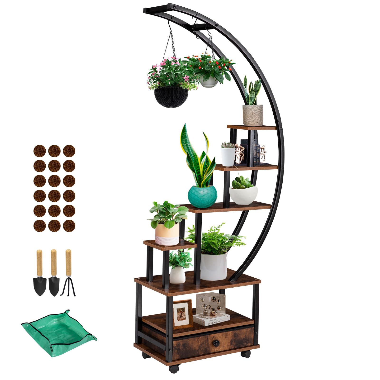 LOENIY 7-Tier Half Moon Indoor Plant Stand with Lockable Wheels, 71” Tall Plant Shelf with Drawer & Accessories, Plant Holder Display Rack for