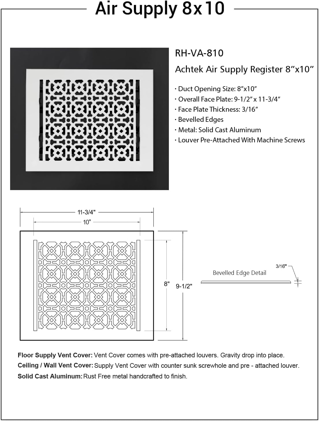 Achtek 8"x10" Duct (9-1/2"x 11-3/4" Overall Size) Solid Cast Aluminum HVAC Air Supply Grill for Floor-White Without Screw Holes with Detachable Steel Louver | Powder Coated