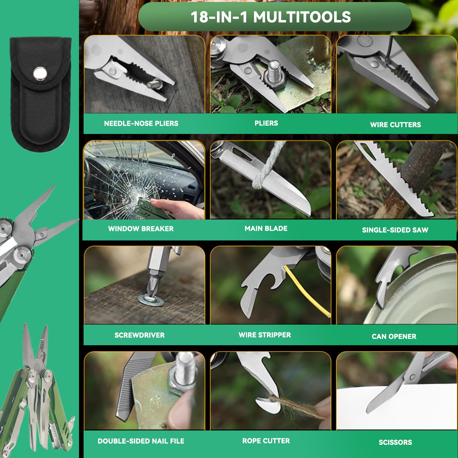 Multitarea 18 en 1 con cuchillo: herramienta multifuncional de acero inoxidable para uso diario (EDC)