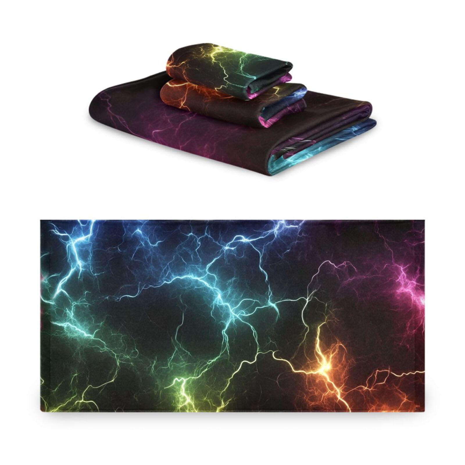 Set di 3 asciugamani da viso in microfibra colorati neri con fulmini, 1 asciugamano da bagno, 1 asciugamano per le mani, 1 panno per la casa, cucina e famiglia