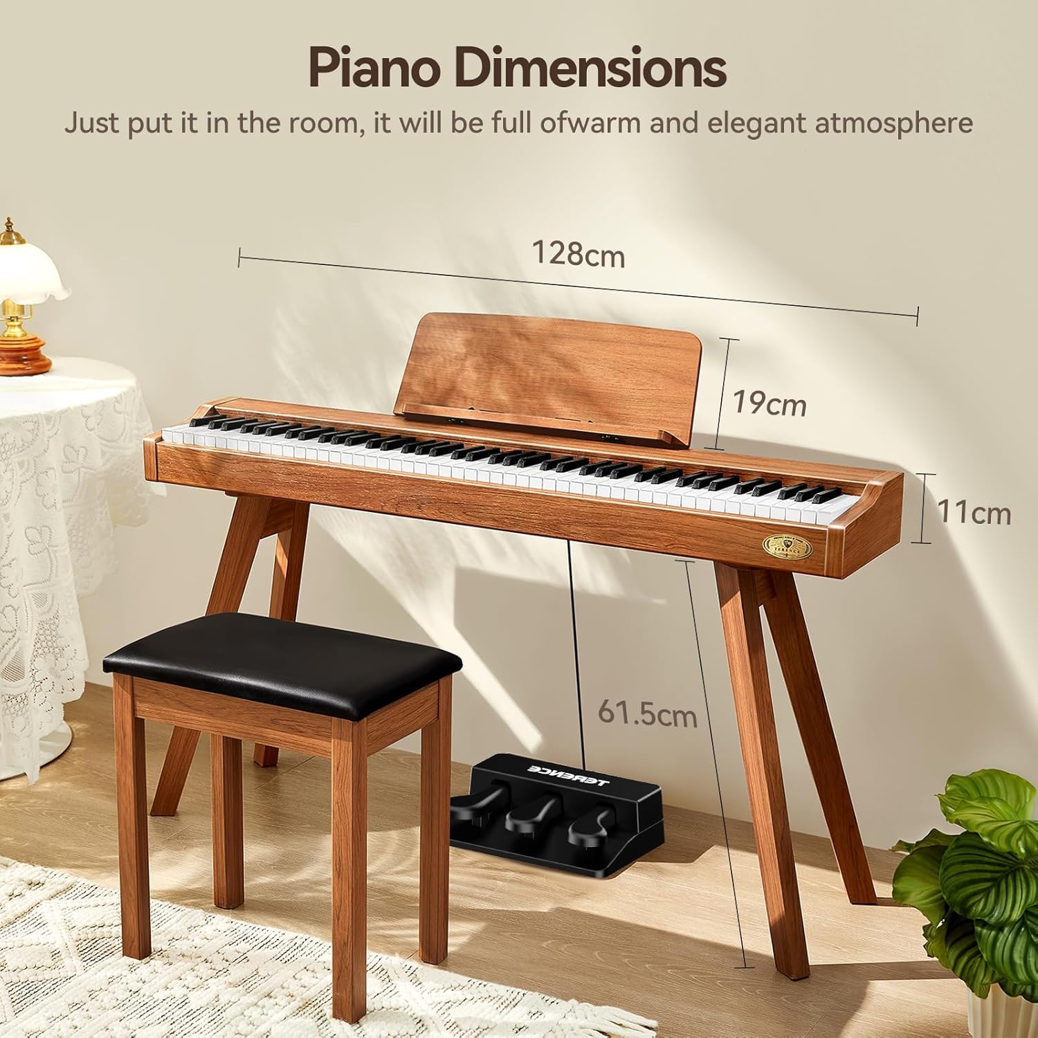 E Piano 88 Tasten Hammermechanik : TERENCE Keyboard Piano 88 Tasten mit Ständer Klavier mit 20W Lautsprecher Dreifachpedal Unterstützung Videoaufnahmen MIDI Bluetooth Kopfhöreranschluss Eichenfarbe