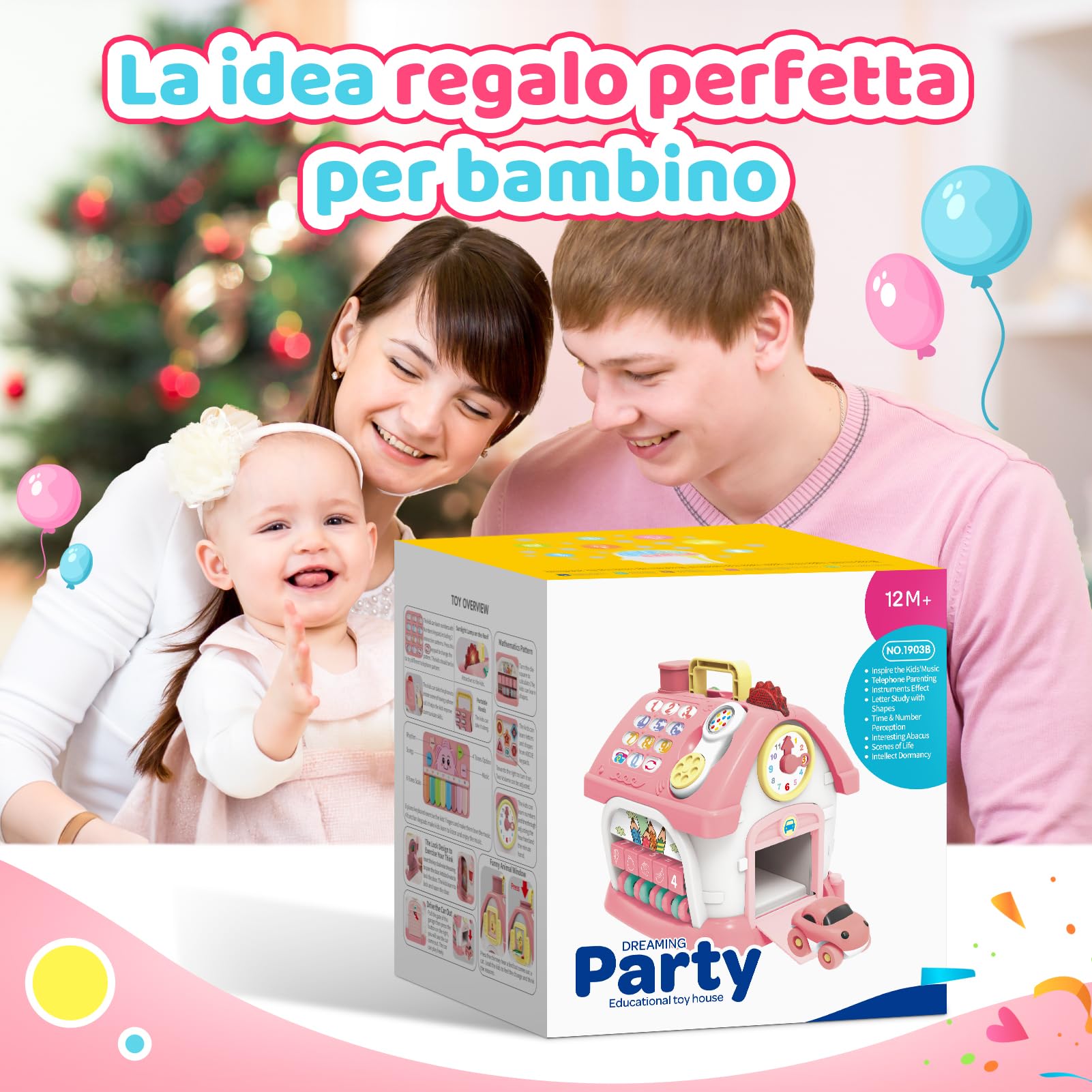 Giochi Montessori 1 Anno: 6 in 1 Giocattoli Bambini Multi-Attività con Musica/Orologio/Luci/Telefono/Auto, Gioco Bambino Educativo per 18 Mesi, Regalo Compleanno per Bambina 1 2 3 Anni (Rosa)