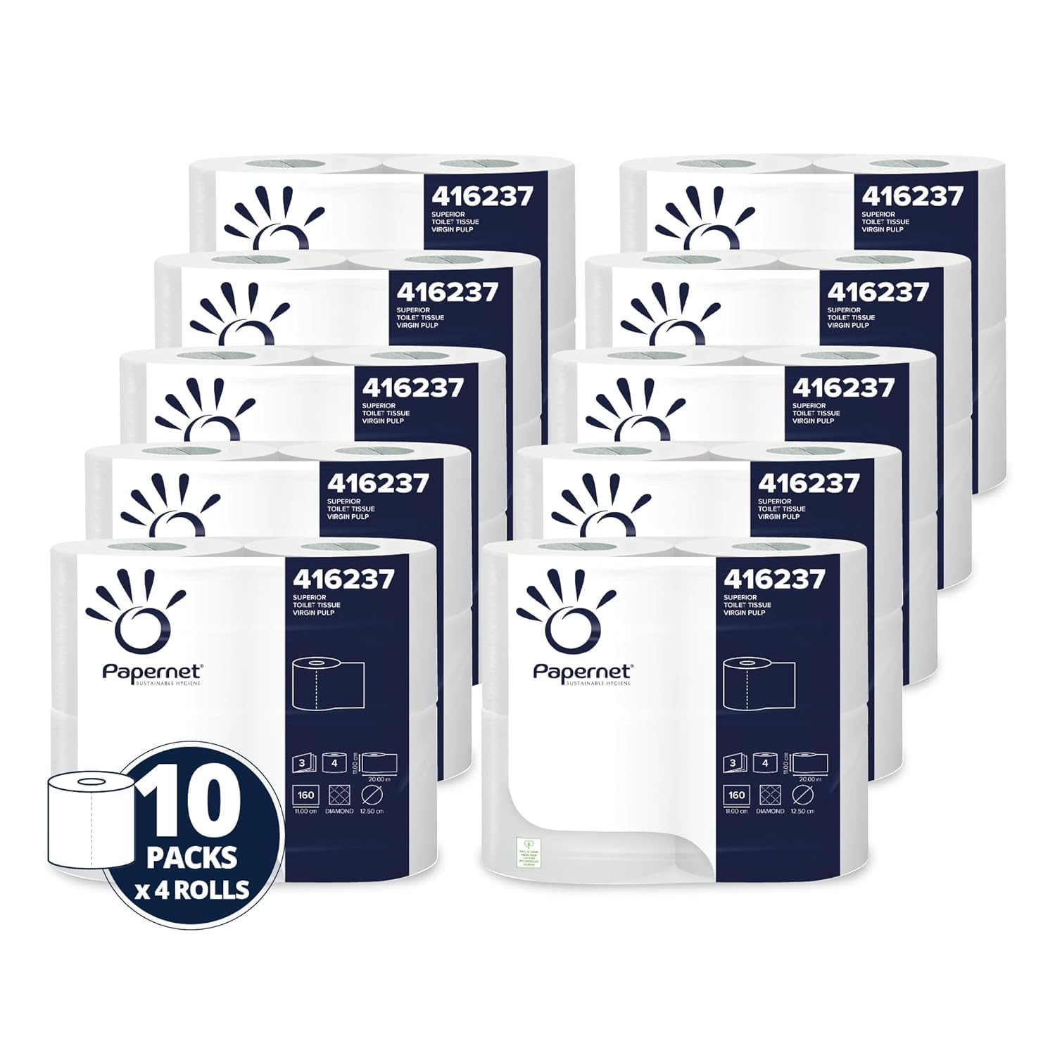 Papernet - Toilet Paper 416237, 40 Rolls in Cellulose, 160 Sheets Each, 3 Plies, Roll Diameter 12cm, Length 20m, Core Diameter 5cm, Made in the UK
