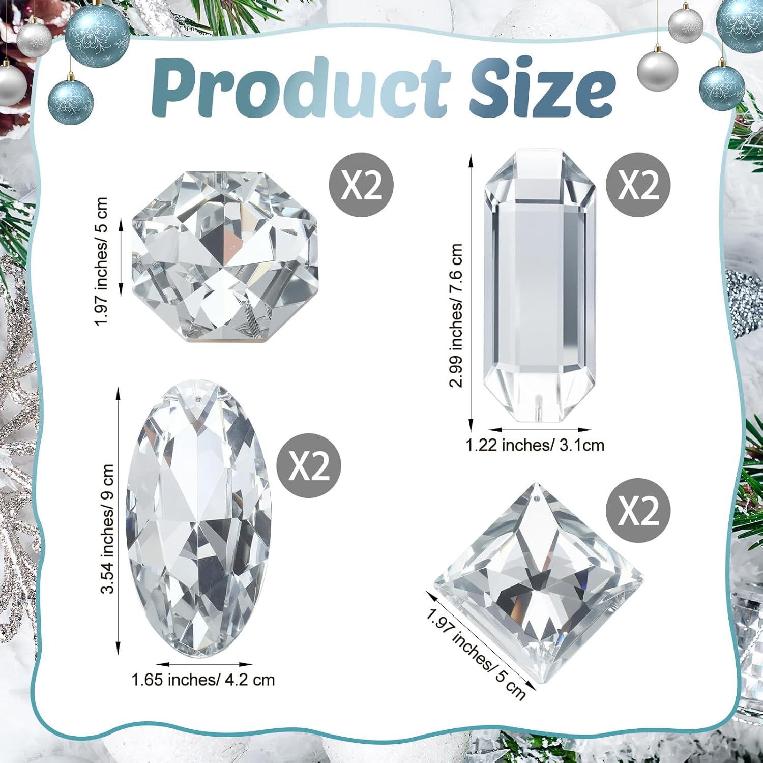 8 Pack Jewel Ornaments 1.2" - 3.5" Crystal Jewel Hanging Decorations for Christmas Tree Glitter Gemstone Ornaments Rectangle Square Oval Rhombus for Home Wedding & Holiday Party Decor(Silver) - Image 2