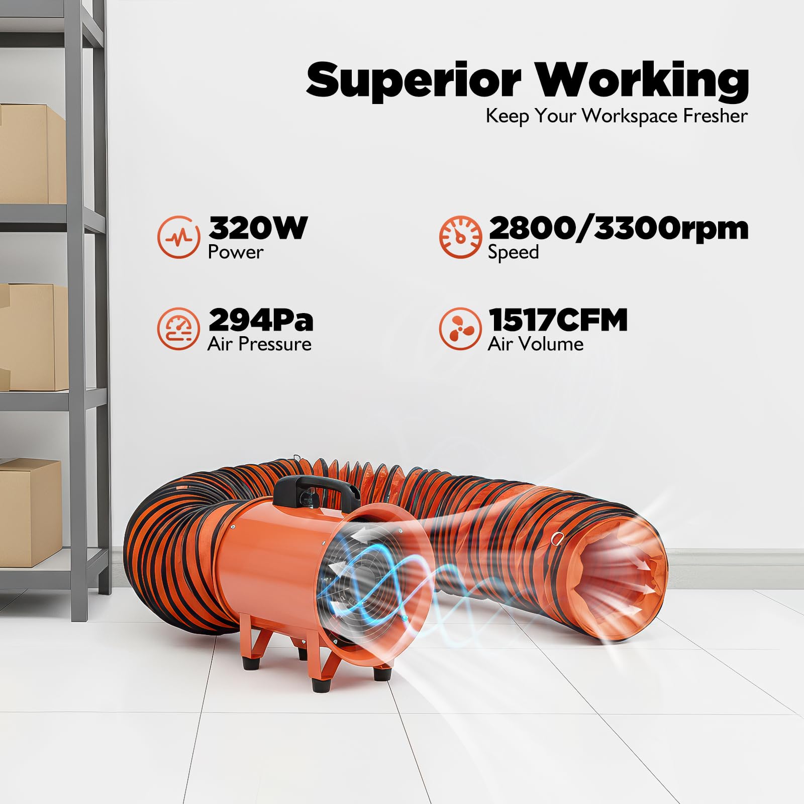 Bauventilator 250mm 320W Gebläse mit 10m Schlauch 1517CFM | 10m PVC-Schlauch inklusive, Reinkupfer-Motor 320W, 2800/3300rpm zwei Geschwindigkeiten, IP44 wasserdicht & stoßfest