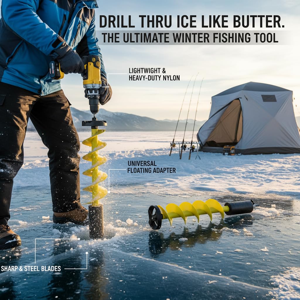 Ice Auger with Blade Guards, 6-Inch Manual Ice Fishing Auger, Lightweight Portable Nylon Drill Bit for Winter Fishing