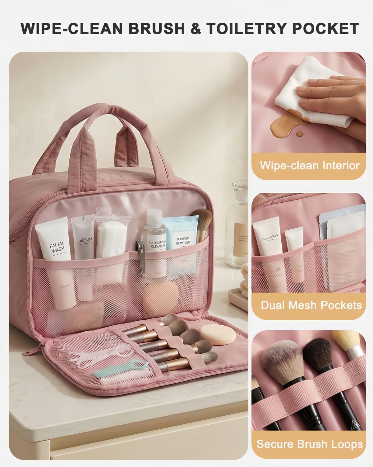 VPBAGE Large Quilted Toiletry Bag for Women, Puffy Travel Makeup Organizer with Removable Divider & Shoulder Strap, Waterproof Standing Cosmetic Case for Full-Size Toiletries, Gym, Vacation