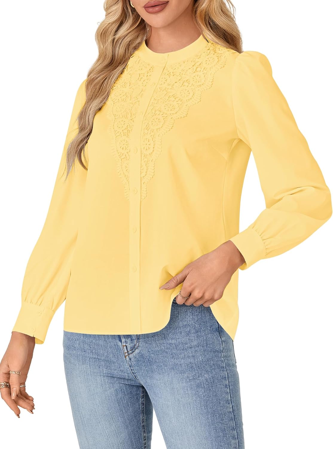 Rooscier Women's Lace Mock Long Sleeve Button Down Elegant Blouse Shirt Top Fall Clothes - Image 3