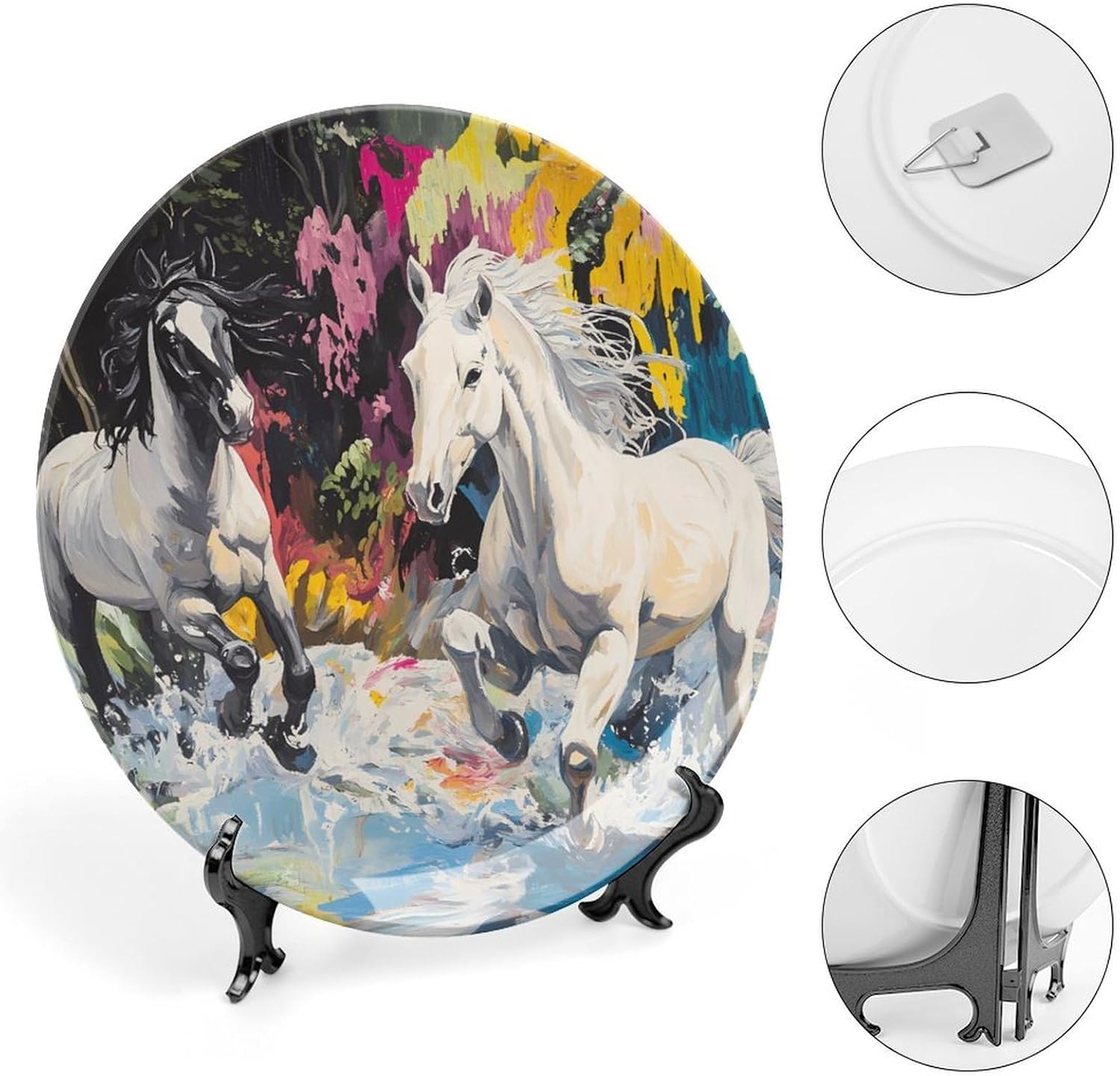 Running Horses Artistic Fantasy River Decorative Plates for Display Ceramic Plate Tray with Stand Hanger Home Decor