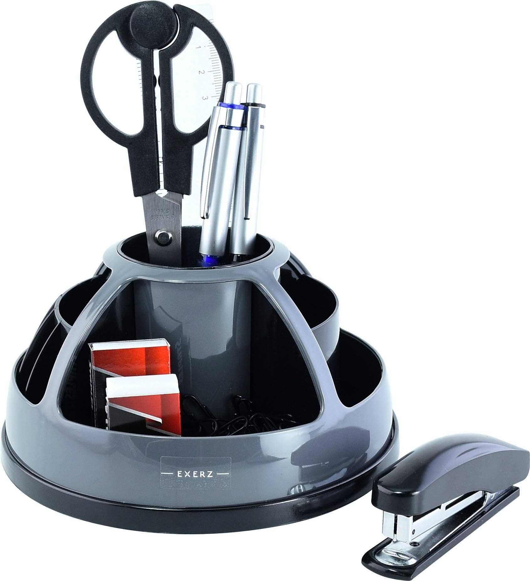 EXERZ Desk Organiser Grey, Rotating Pencil Holder, Desk Tidy Swivel 360° Stationery Included: (Grey)