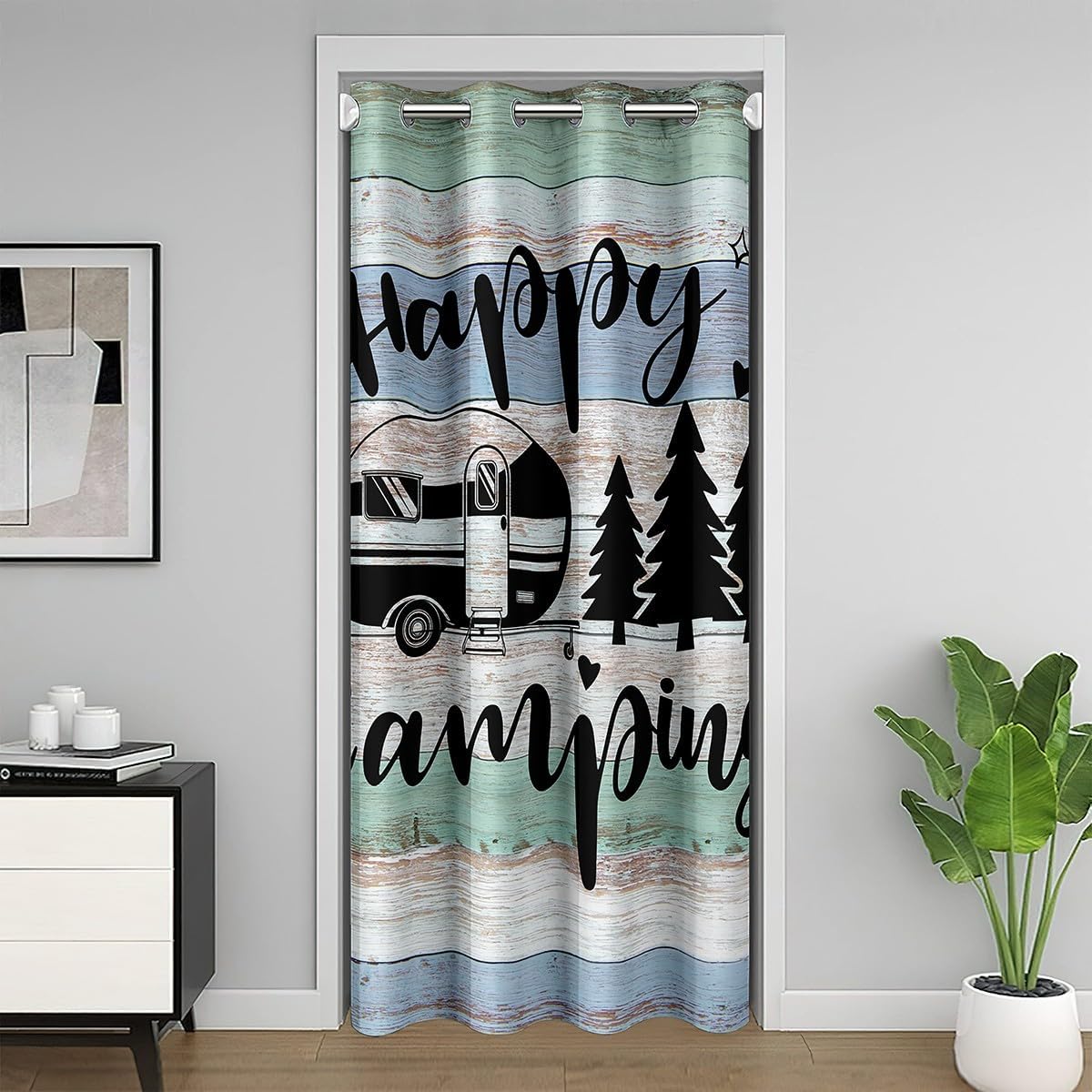 Boys Camper Door Curtain,Kids Farmhouse Style Outdoor Adventure Blackout Curtain for Bedroom Doorway Living Room,Happy Camping Pine Tree Drawing Design Privacy Door Drape 1 Panel,34" W X 80" L