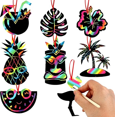 Juego de 64 tarjetas de rascar con temática hawaiana, arte mágico de arco iris, tarjetas para rascar con forma de flamenco, piña, playa, coco, con