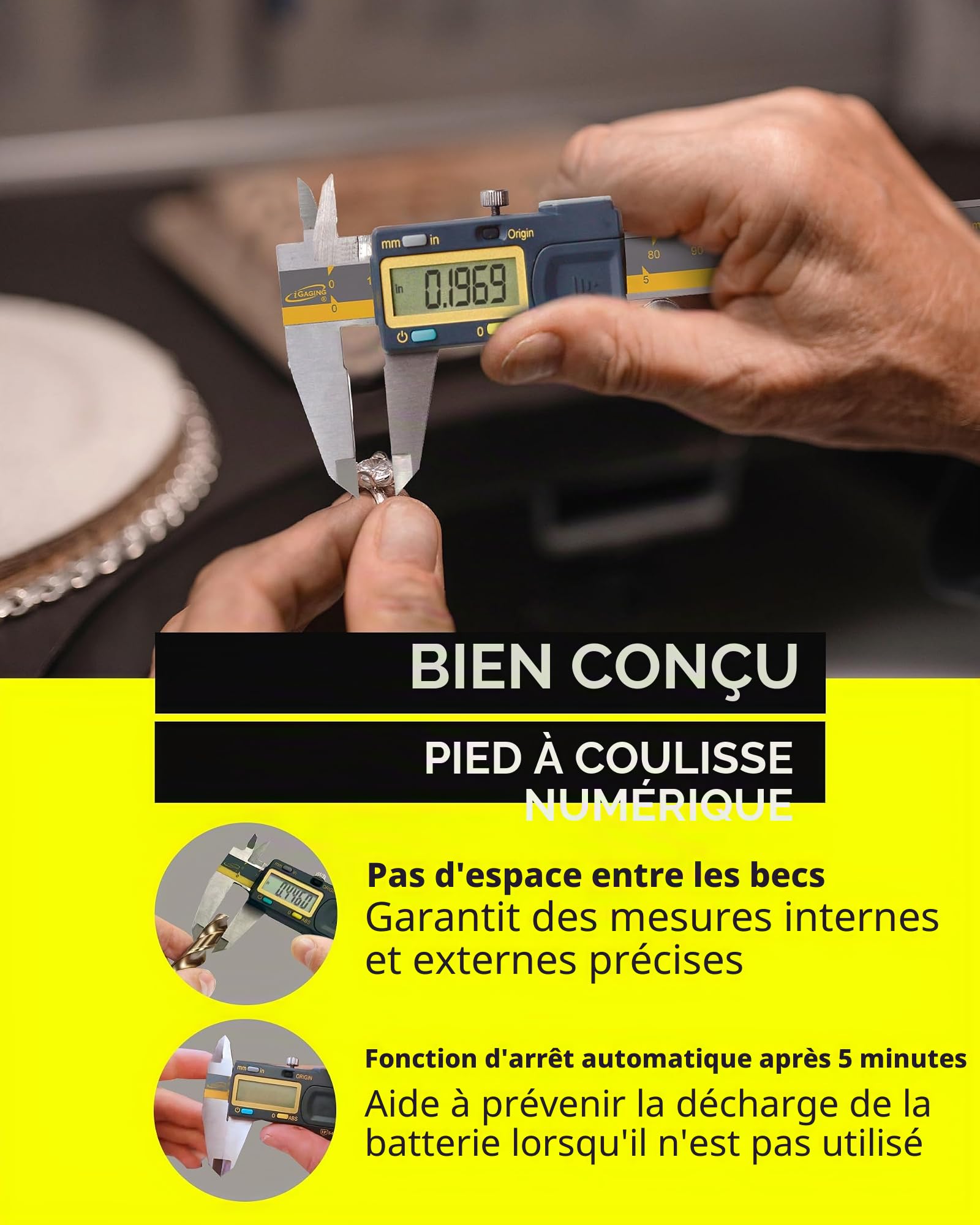 iGAGING Absolute Origin Pied à coulisse numérique 0-152 mm (0-6"), acier inoxydable IP54, port de sortie SPC/USB, modes pouce et métrique, étui, manuel