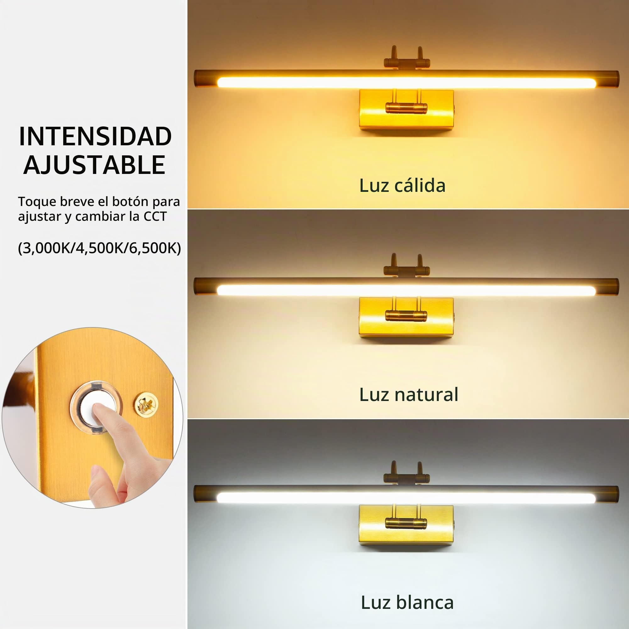 MantoLite Lámpara de Pared LED Regulable 15W, 60CM Interior Iluminación para Cuadros y Expositores, Cabeza Giratoria, Lectura, Latón Mate, Baño Espejo Apliques de Pared 3000K/4000K/6000K