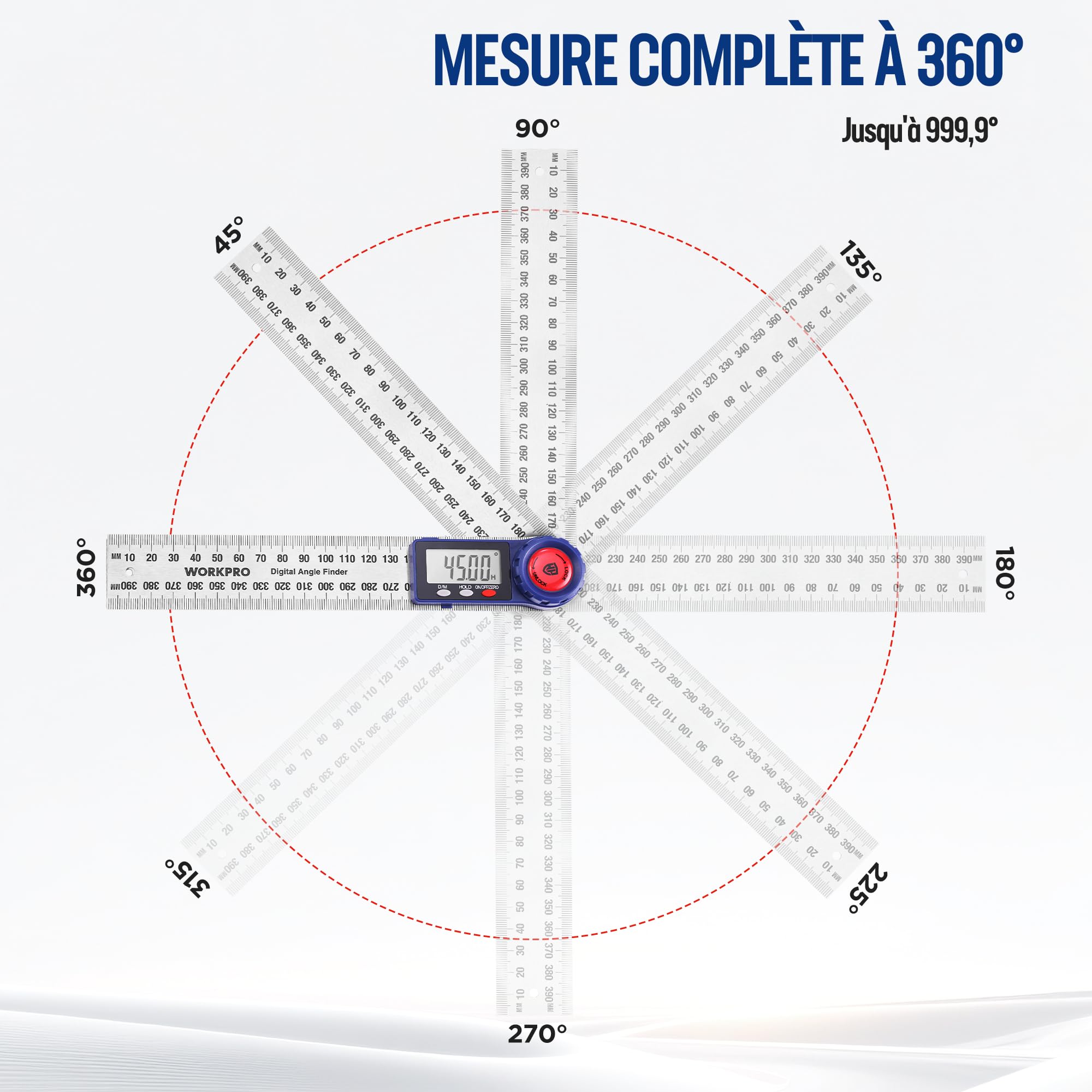 WORKPRO Rapporteur d'Angle Numérique 200 mm 2-en-1 avec Règle en Acier Inox, Mesure d'Angle 360° avec Écran LCD Clair, Outil de Précision pour Menuiserie, Découpe et Bricolage